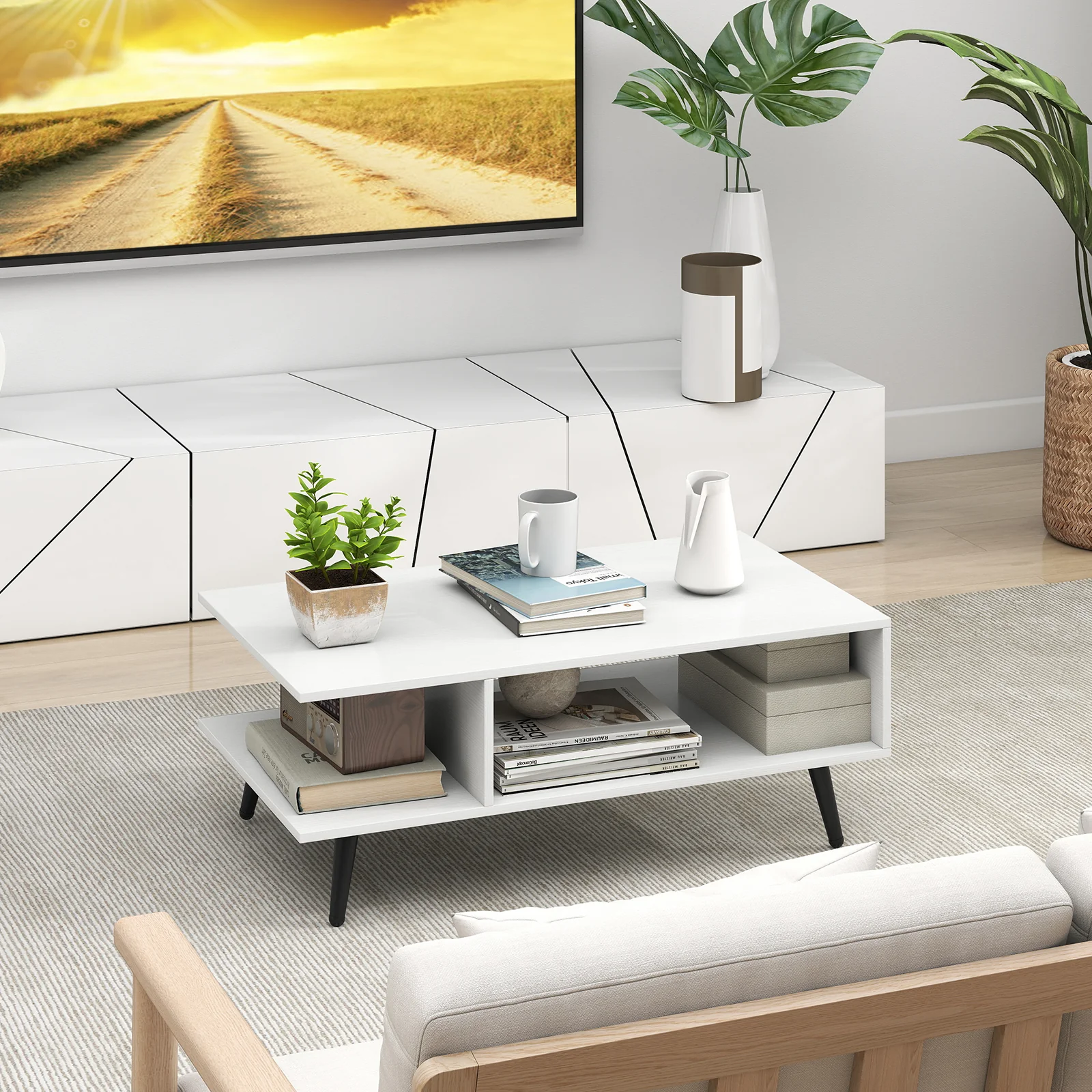 Mid Century Modern Rectangle Coffee Table, 2-Tier Accent Table, White - Image 7