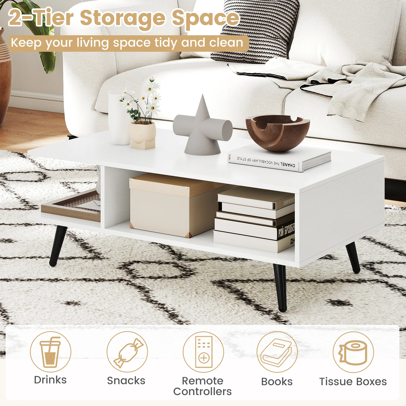 Mid Century Modern Rectangle Coffee Table, 2-Tier Accent Table, White - Image 9