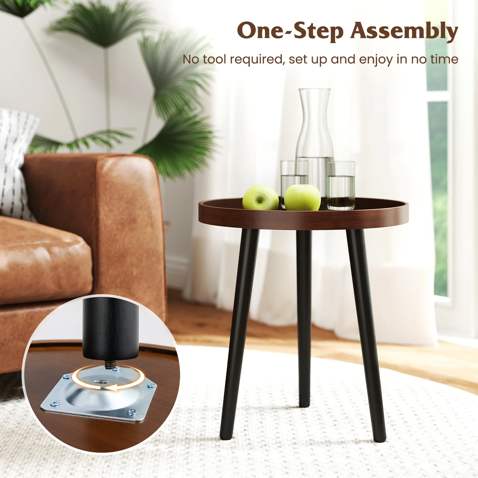 Mid Century Modern Round Side Table With Wooden Tray, Brown - Image 10