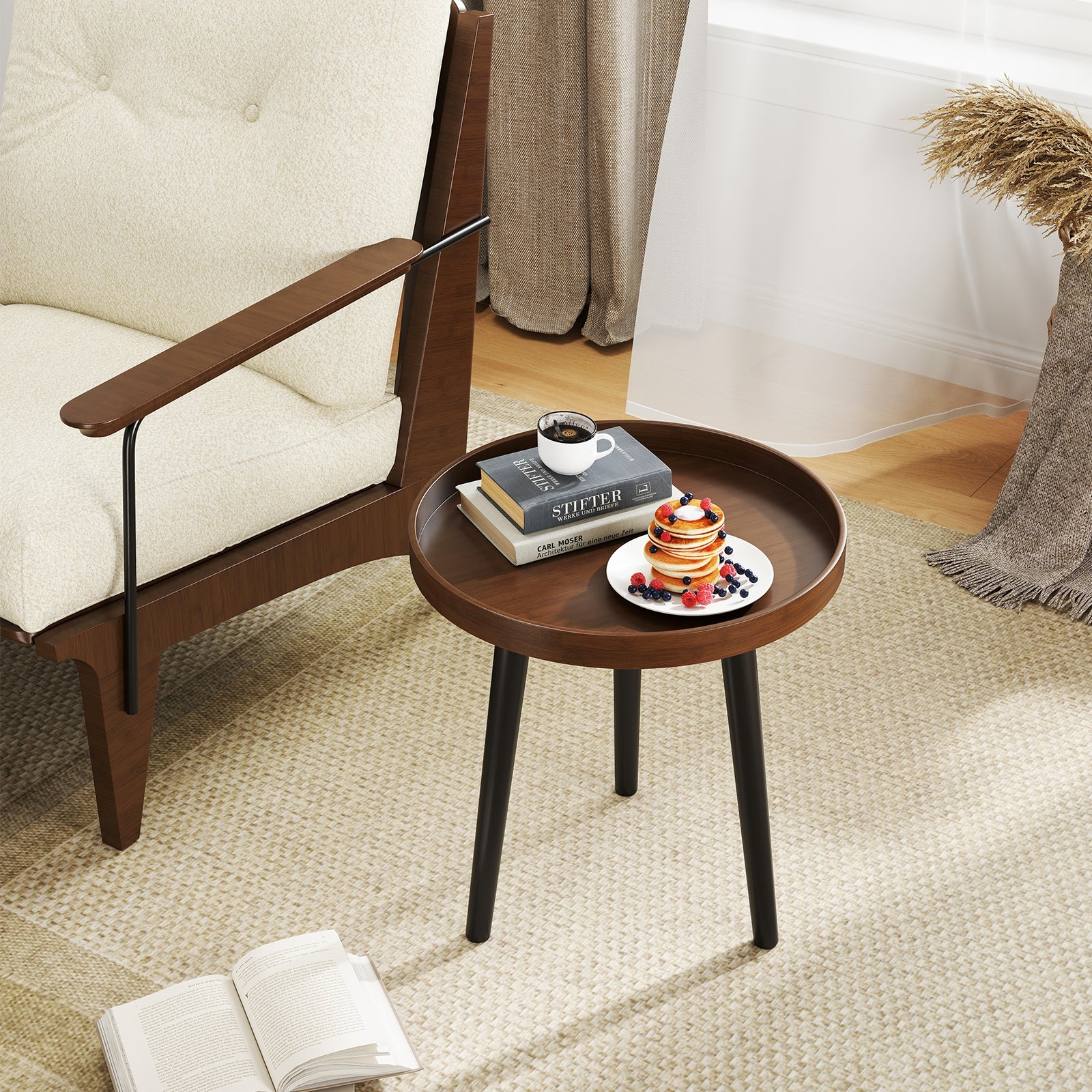 Mid Century Modern Round Side Table With Wooden Tray, Brown - Image 2