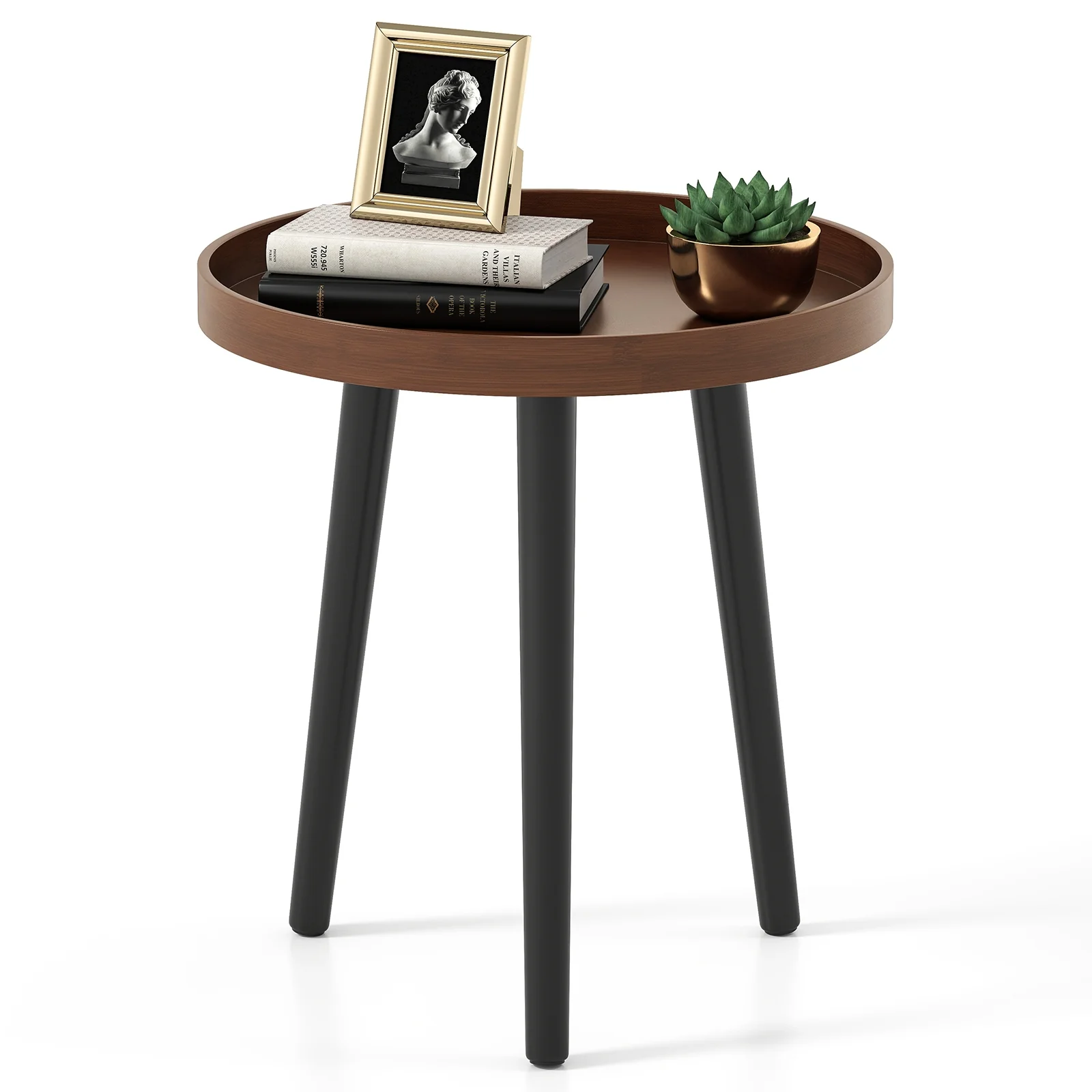 Mid Century Modern Round Side Table With Wooden Tray, Brown - Image 5