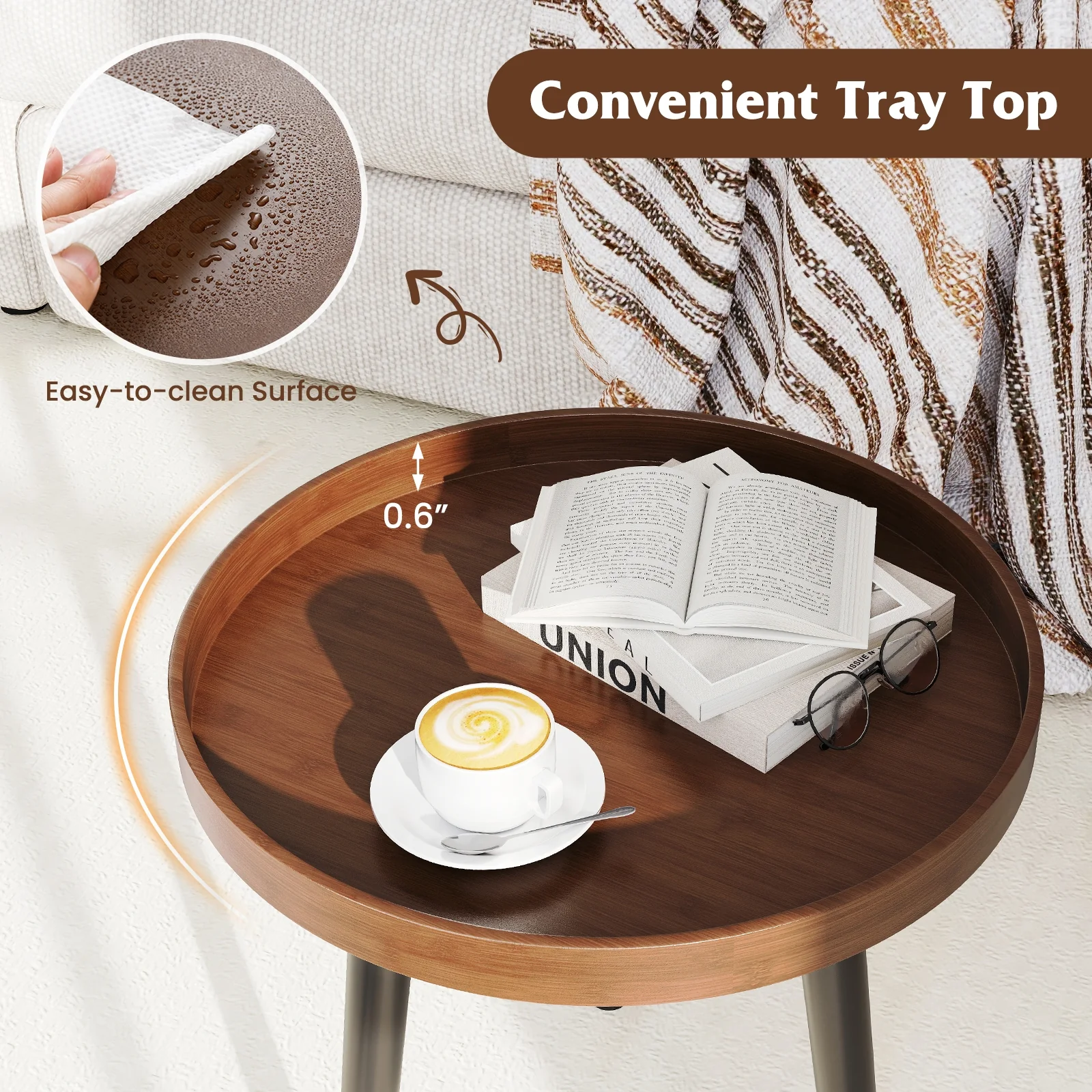 Mid Century Modern Round Side Table With Wooden Tray, Brown - Image 8