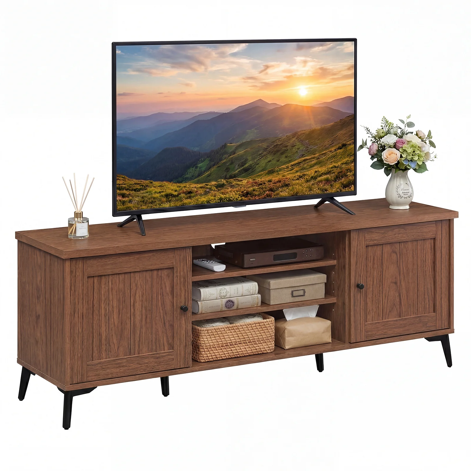 Mid Century Modern TV Stand, 2-Door Entertainment Center, 65 Inch, Brown