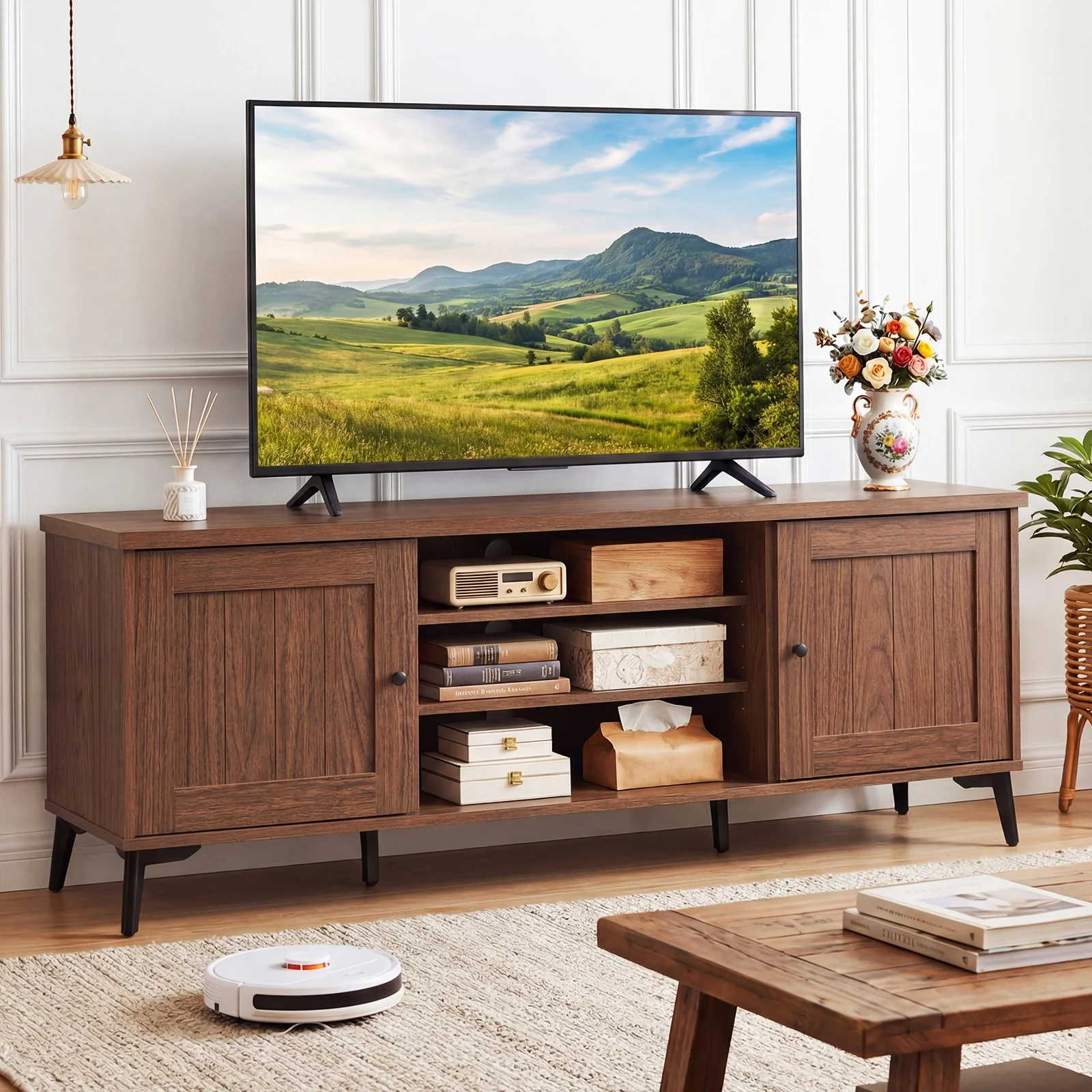 Mid Century Modern TV Stand, 2-Door Entertainment Center, 65 Inch, Brown - Image 2