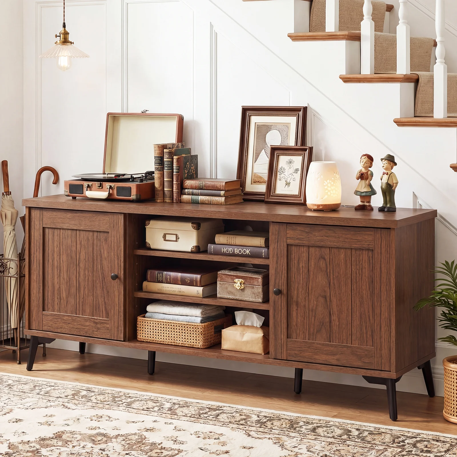 Mid Century Modern TV Stand, 2-Door Entertainment Center, 65 Inch, Brown - Image 3