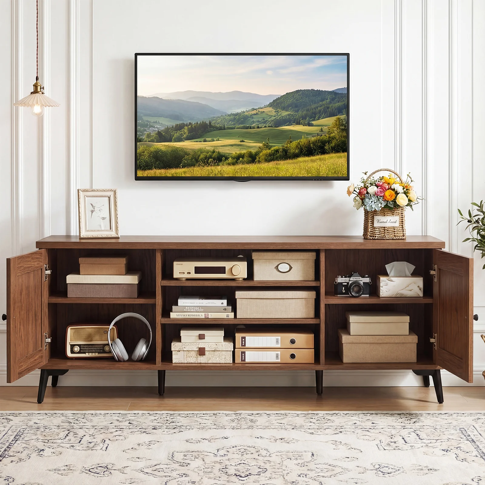 Mid Century Modern TV Stand, 2-Door Entertainment Center, 65 Inch, Brown - Image 6