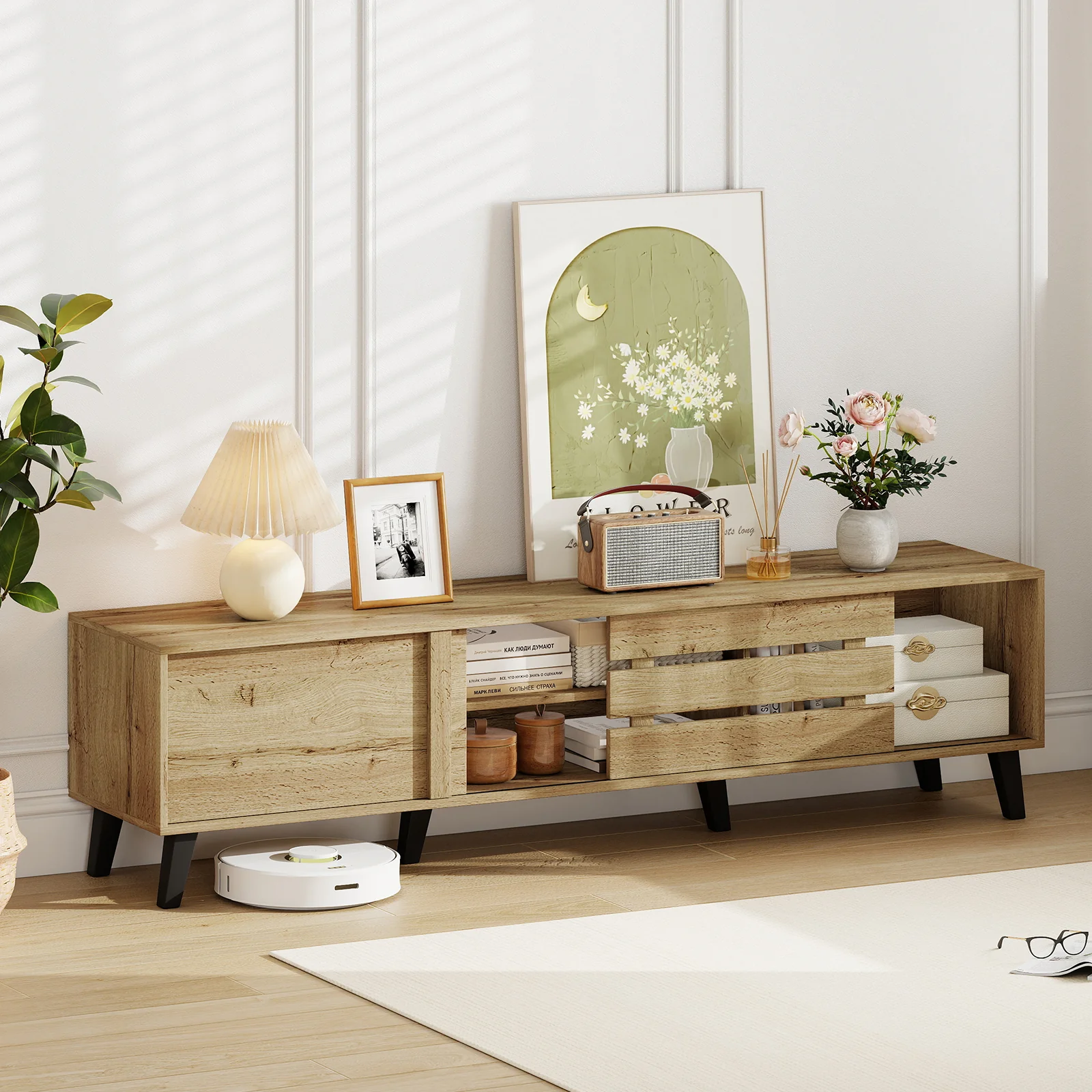 Mid Century Modern TV Stand, 80 Inch, Oak - Image 3
