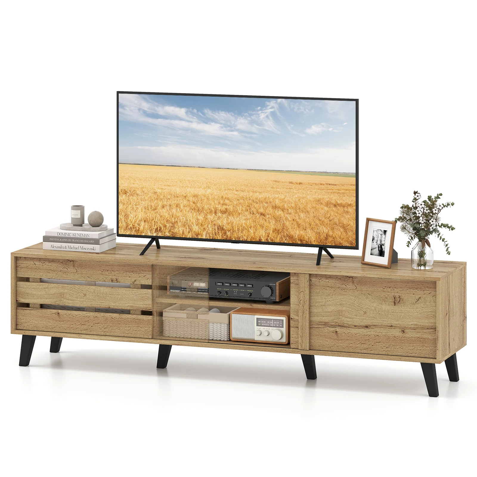 Mid Century Modern TV Stand, 80 Inch, Oak - Image 5