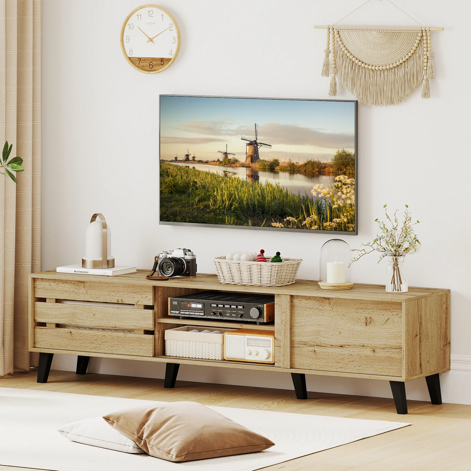 Mid Century Modern TV Stand, 80 Inch, Oak - Image 7