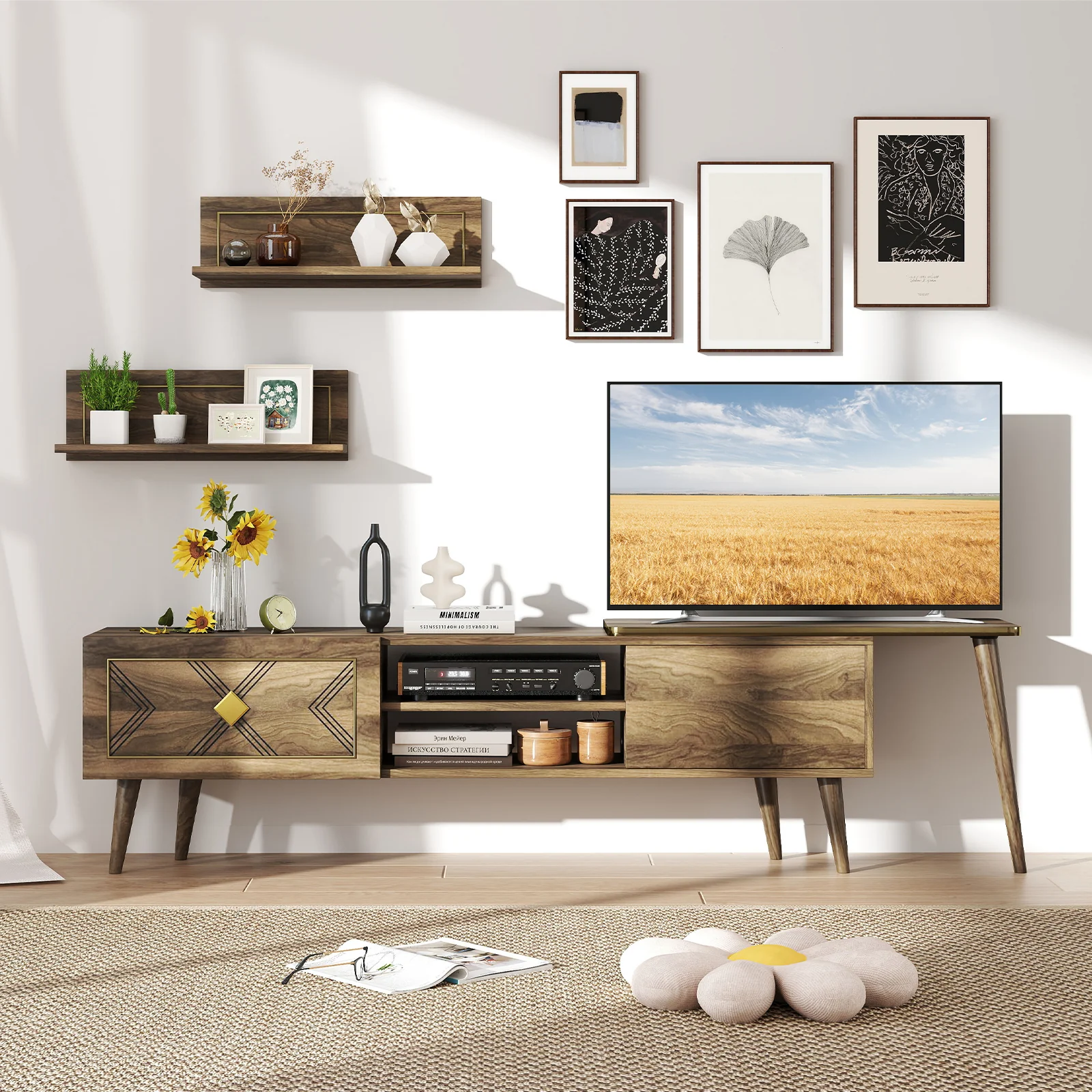 Mid-Century Modern TV Stand, 85 Inch, Walnut - Image 2