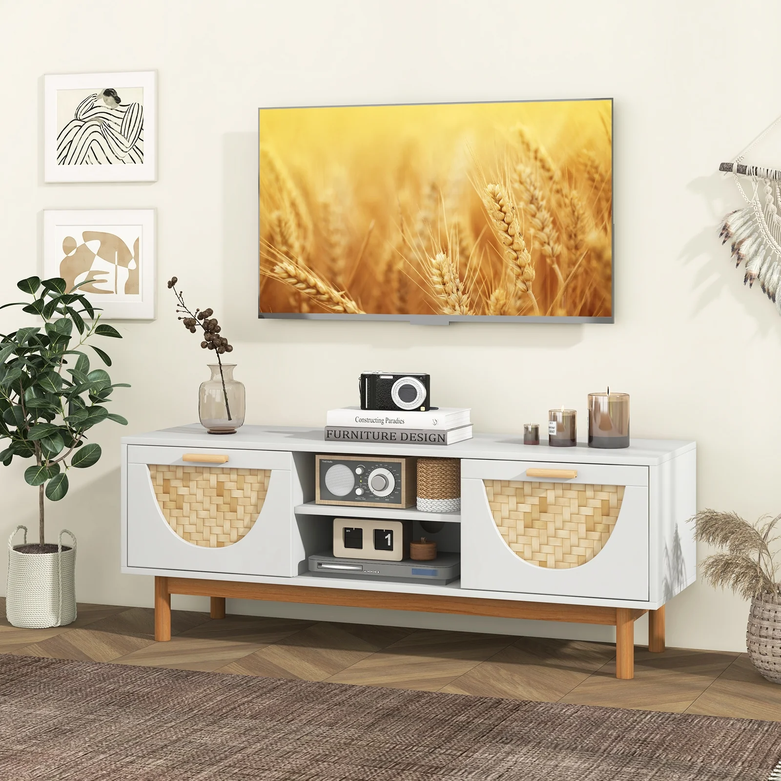 Mid Century Modern TV Stand For 55-Inch TV, 2 Drawers, Bamboo Fronts, White - Image 3