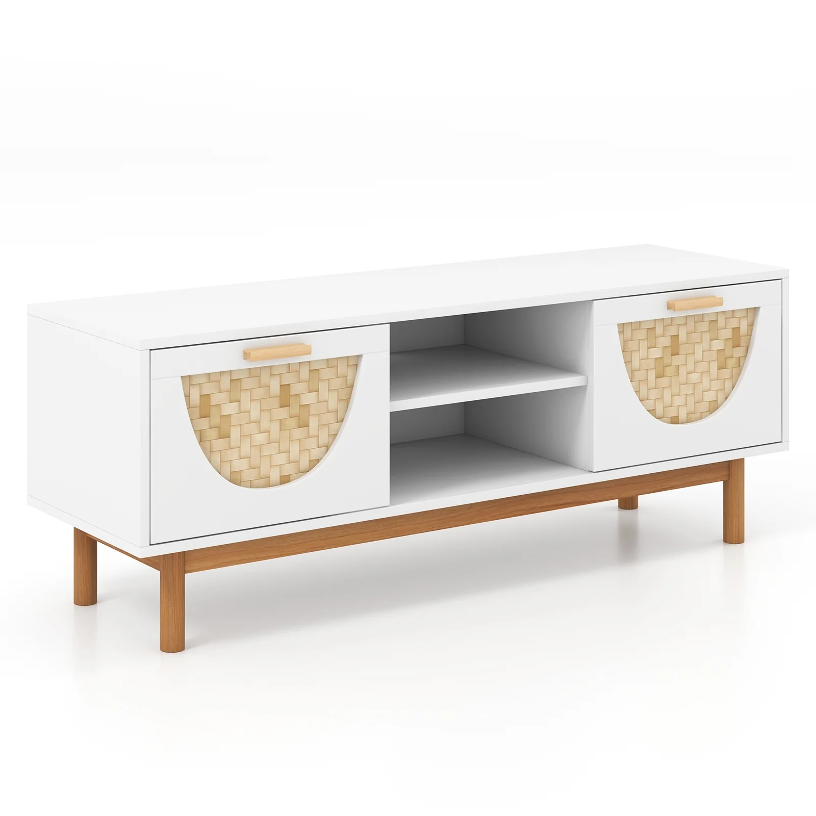 Mid Century Modern TV Stand For 55-Inch TV, 2 Drawers, Bamboo Fronts, White - Image 4