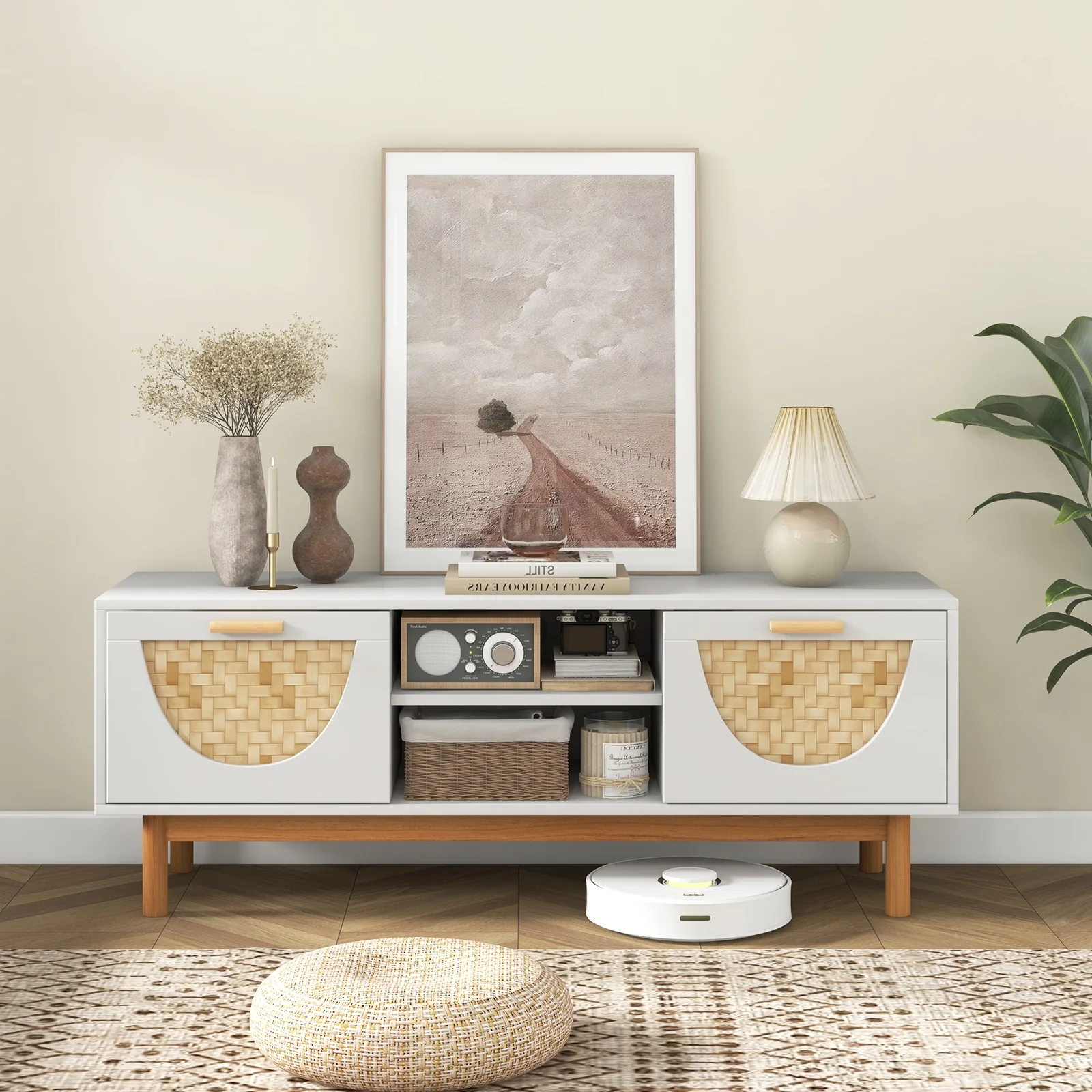 Mid Century Modern TV Stand For 55-Inch TV, 2 Drawers, Bamboo Fronts, White - Image 7