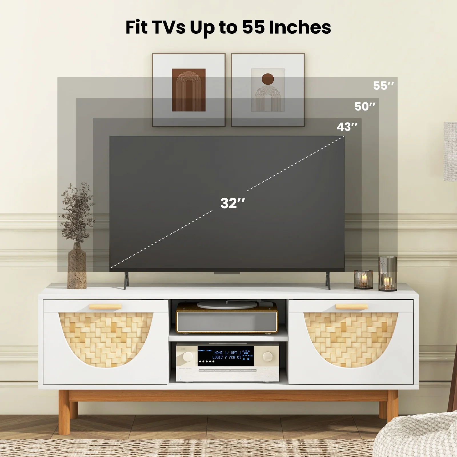 Mid Century Modern TV Stand For 55-Inch TV, 2 Drawers, Bamboo Fronts, White - Image 8