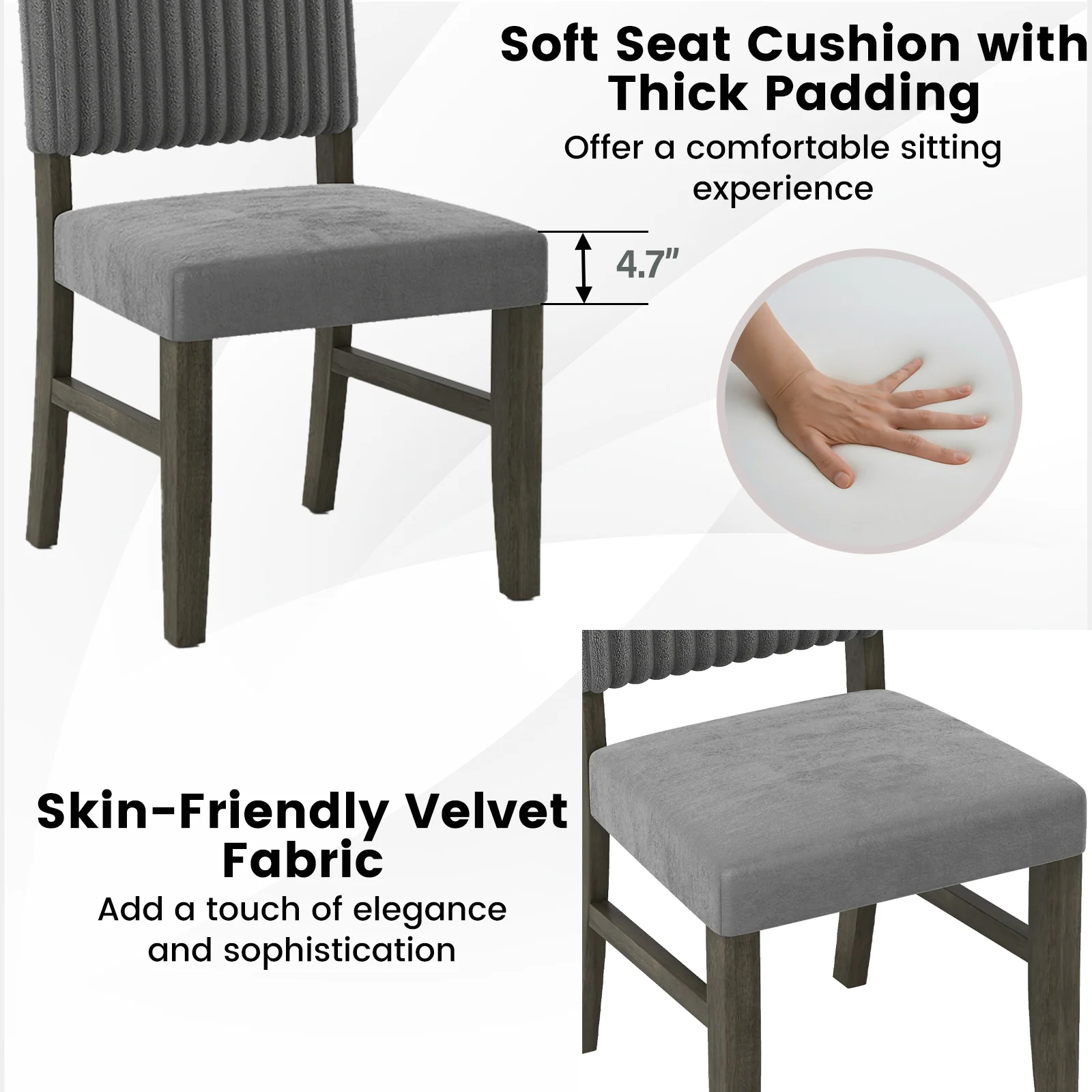 Mid-Century Modern Velvet Fabric Upholstered Dining Chairs, Set of 2, Gray - Image 9