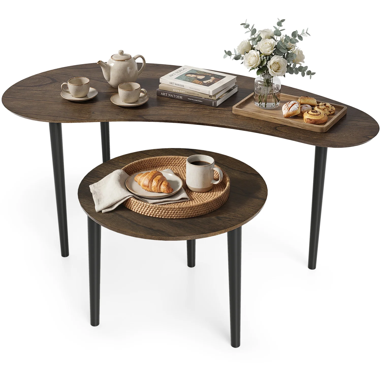 Mid Century Nesting Tables, Walnut, Rubber Wood Legs