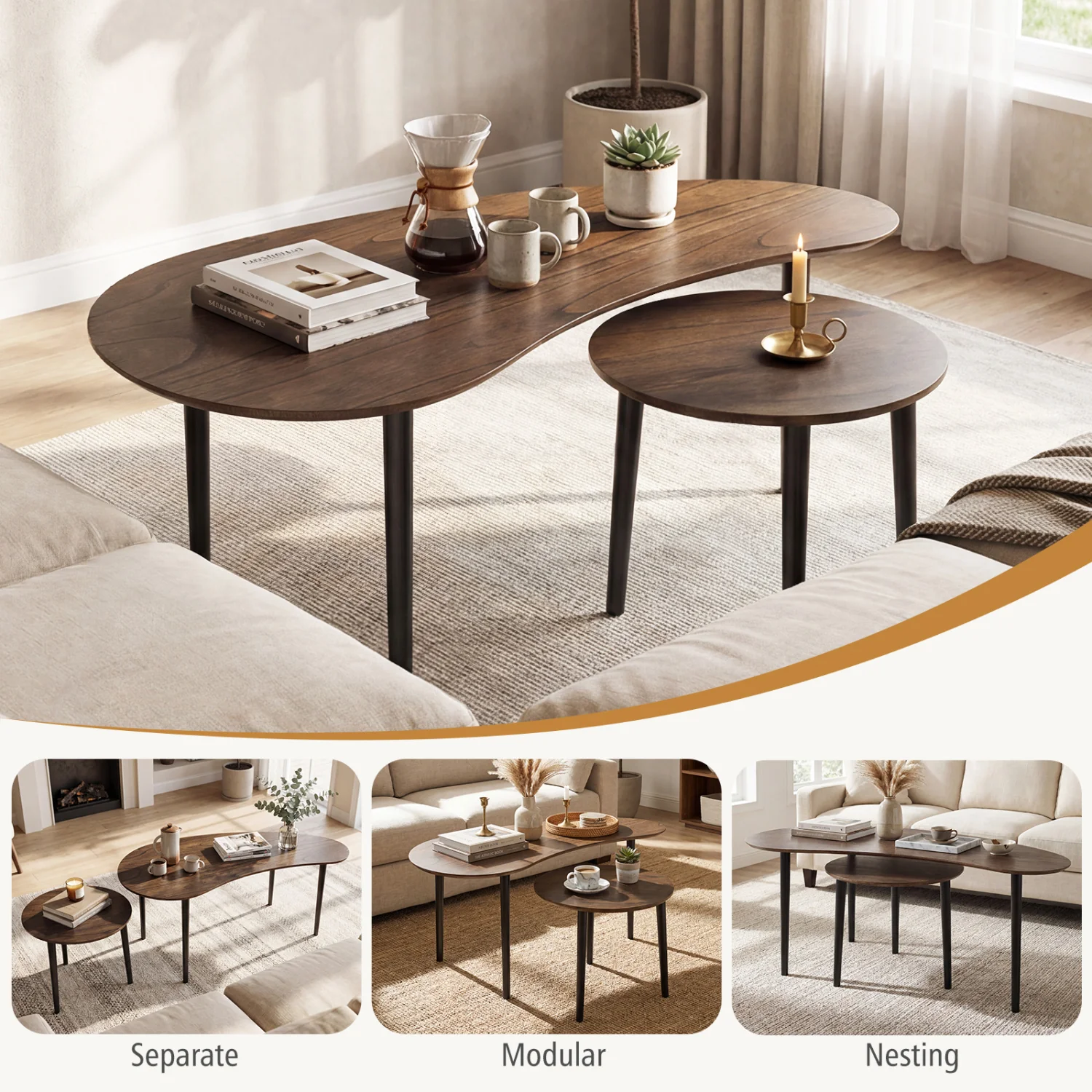 Mid Century Nesting Tables, Walnut, Rubber Wood Legs - Image 8