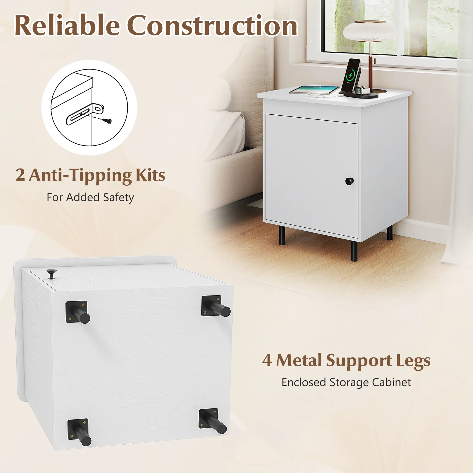 Mid Century Nightstand With Door, Set Of 2, White - Image 8