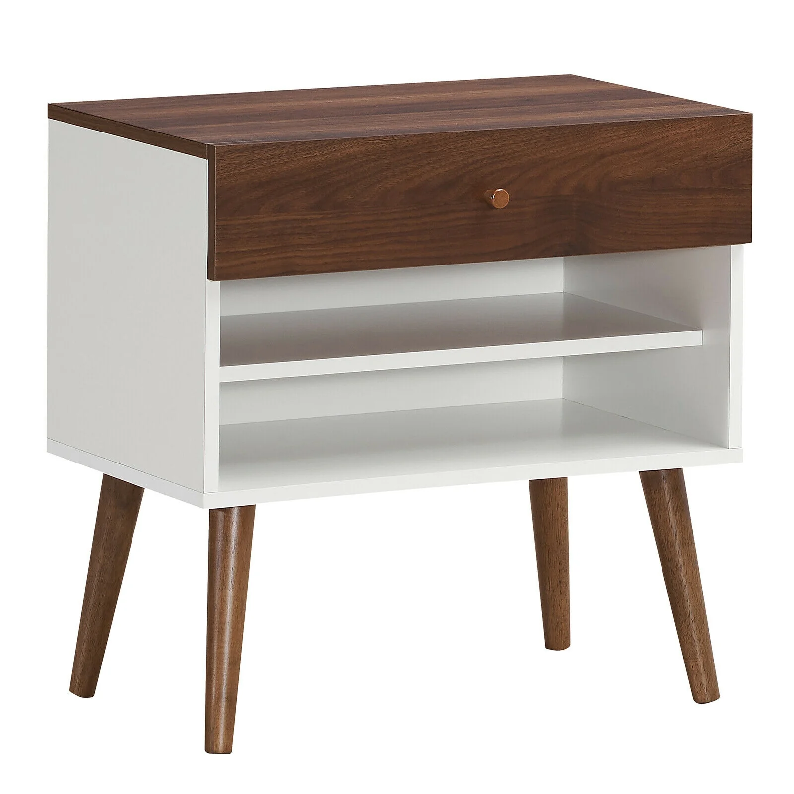 Mid-Century Nightstand With Drawer, Rubber Wood Legs, Brown