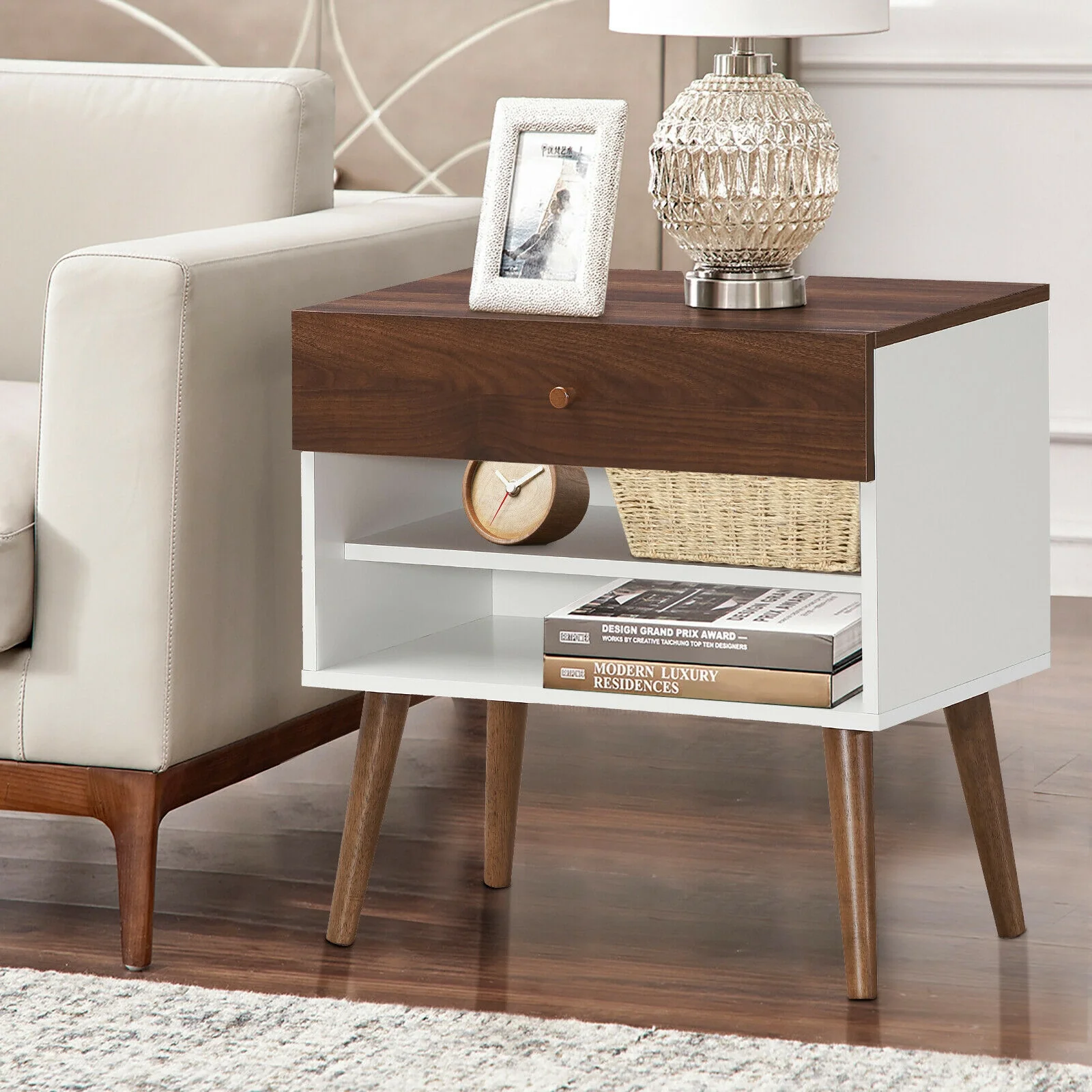 Mid-Century Nightstand With Drawer, Rubber Wood Legs, Brown - Image 3