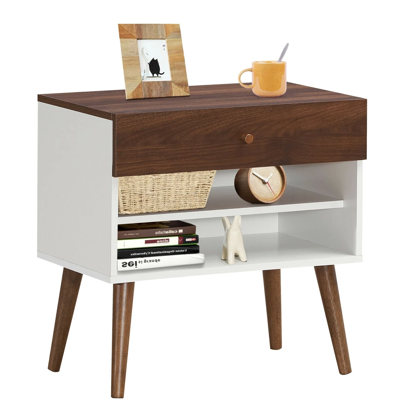 Mid-Century Nightstand With Drawer, Rubber Wood Legs, Brown - Image 5