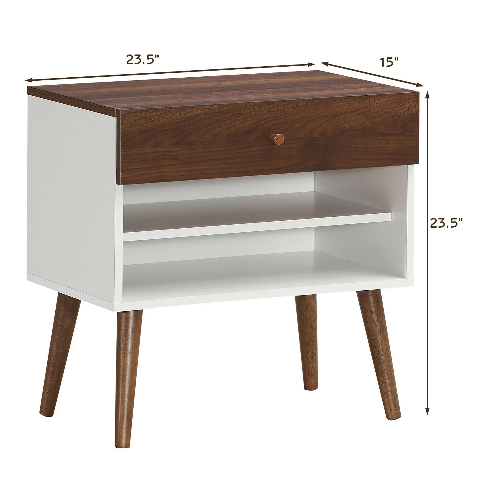 Mid-Century Nightstand With Drawer, Rubber Wood Legs, Brown - Image 6
