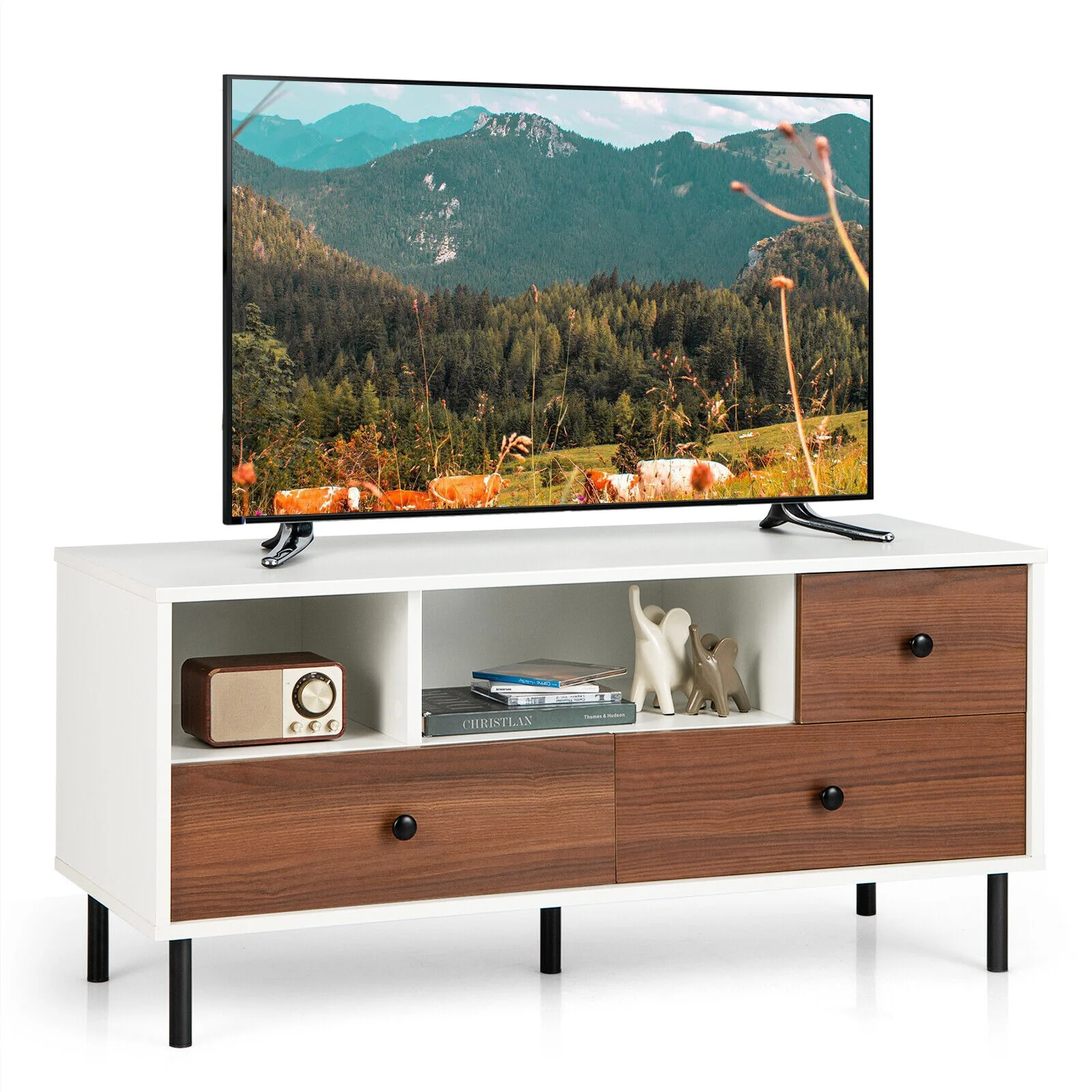 Mid-Century TV Stand For 50-Inch TVs, 2 Cubbies, 3 Drawers, White, Brown