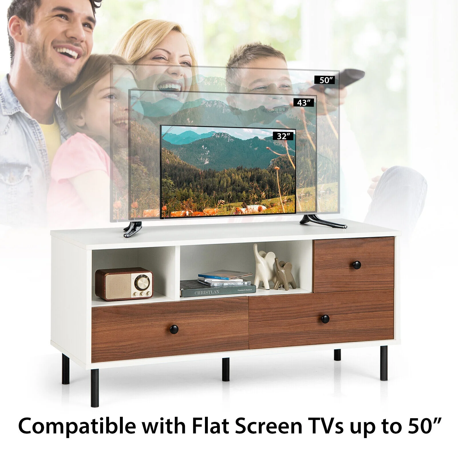 Mid-Century TV Stand For 50-Inch TVs, 2 Cubbies, 3 Drawers, White, Brown - Image 10