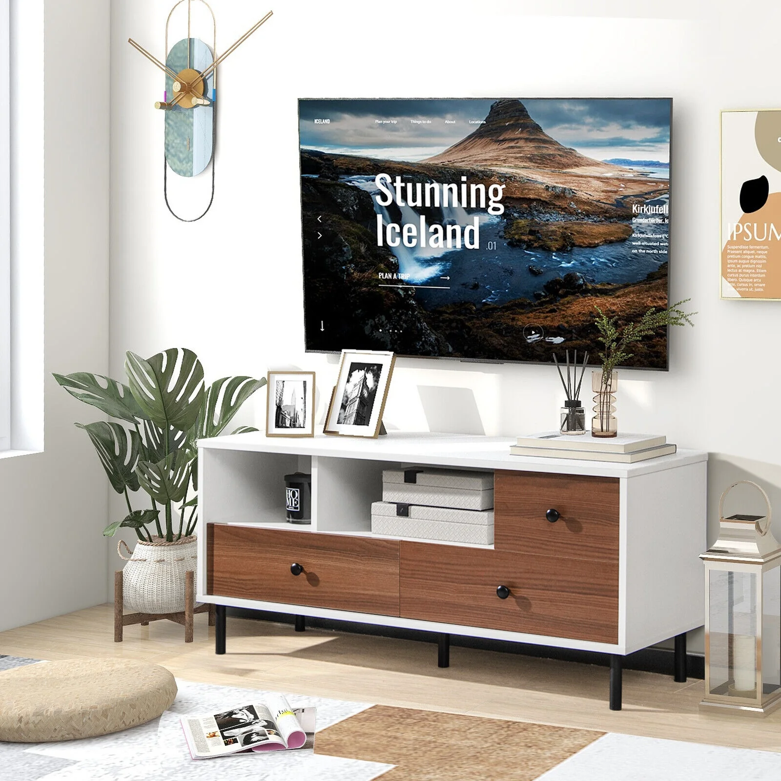 Mid-Century TV Stand For 50-Inch TVs, 2 Cubbies, 3 Drawers, White, Brown - Image 3