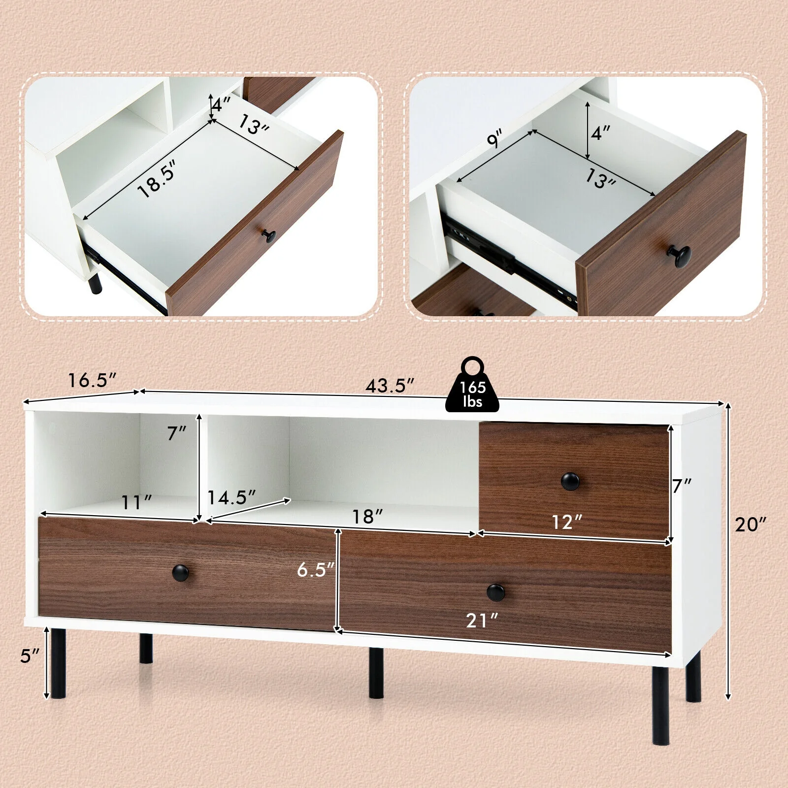 Mid-Century TV Stand For 50-Inch TVs, 2 Cubbies, 3 Drawers, White, Brown - Image 5