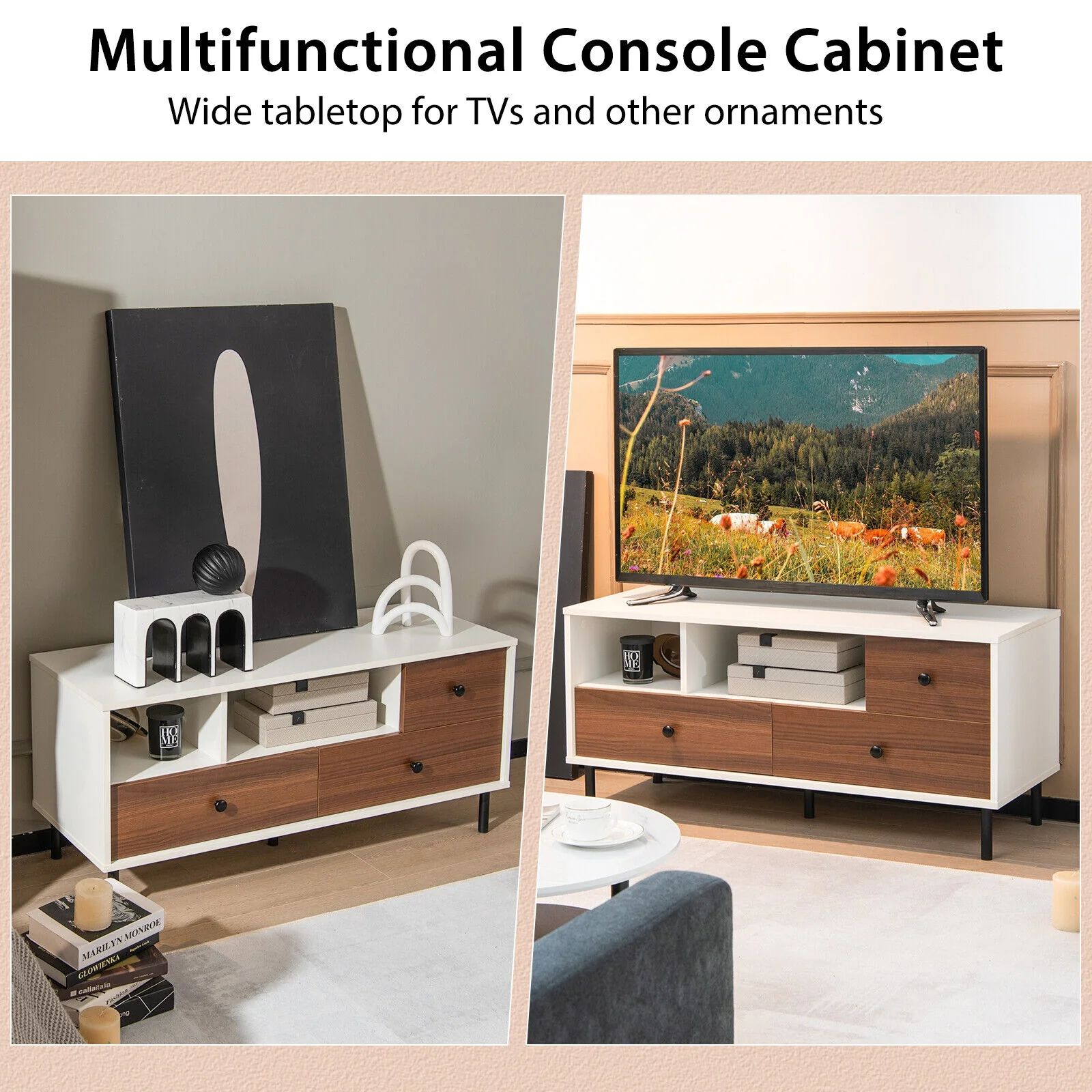 Mid-Century TV Stand For 50-Inch TVs, 2 Cubbies, 3 Drawers, White, Brown - Image 6