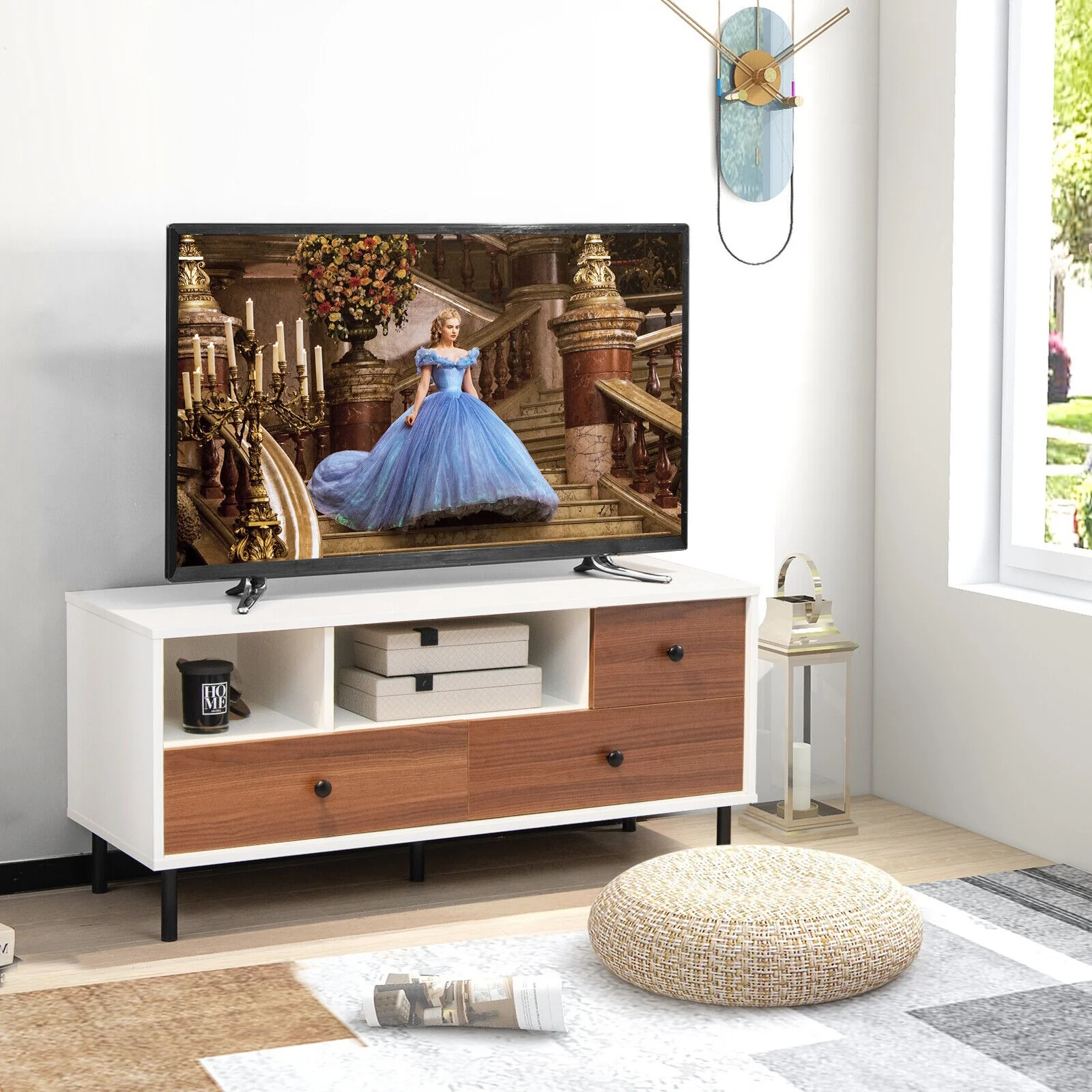 Mid-Century TV Stand For 50-Inch TVs, 2 Cubbies, 3 Drawers, White, Brown - Image 7