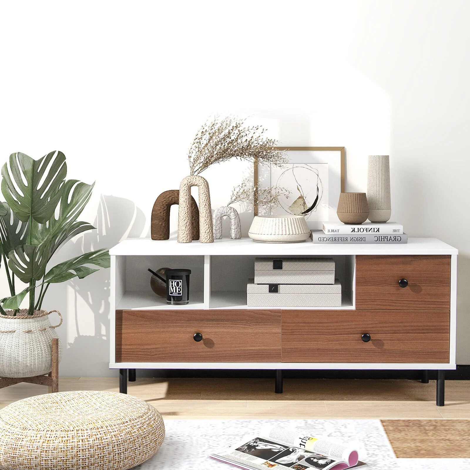 Mid-Century TV Stand For 50-Inch TVs, 2 Cubbies, 3 Drawers, White, Brown - Image 8