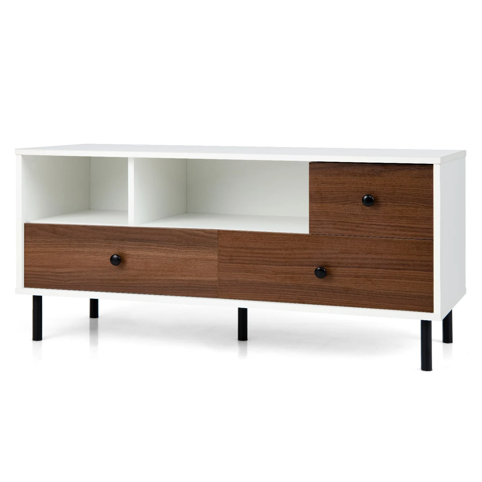 Mid-Century TV Stand For 50-Inch TVs, 2 Cubbies, 3 Drawers, White, Brown - Image 9