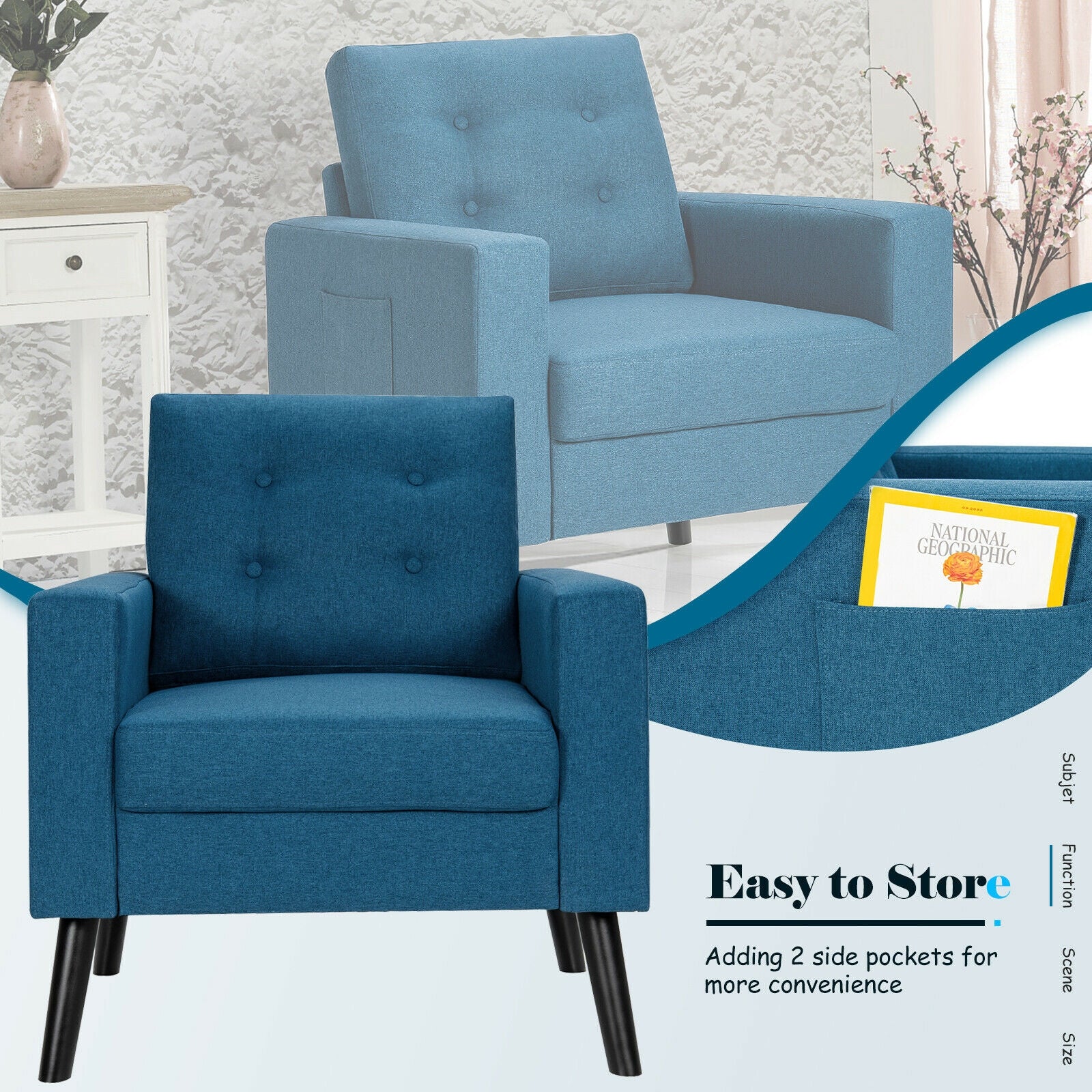 Mid-Century Upholstered Armchair Club Chair, Blue - Image 10
