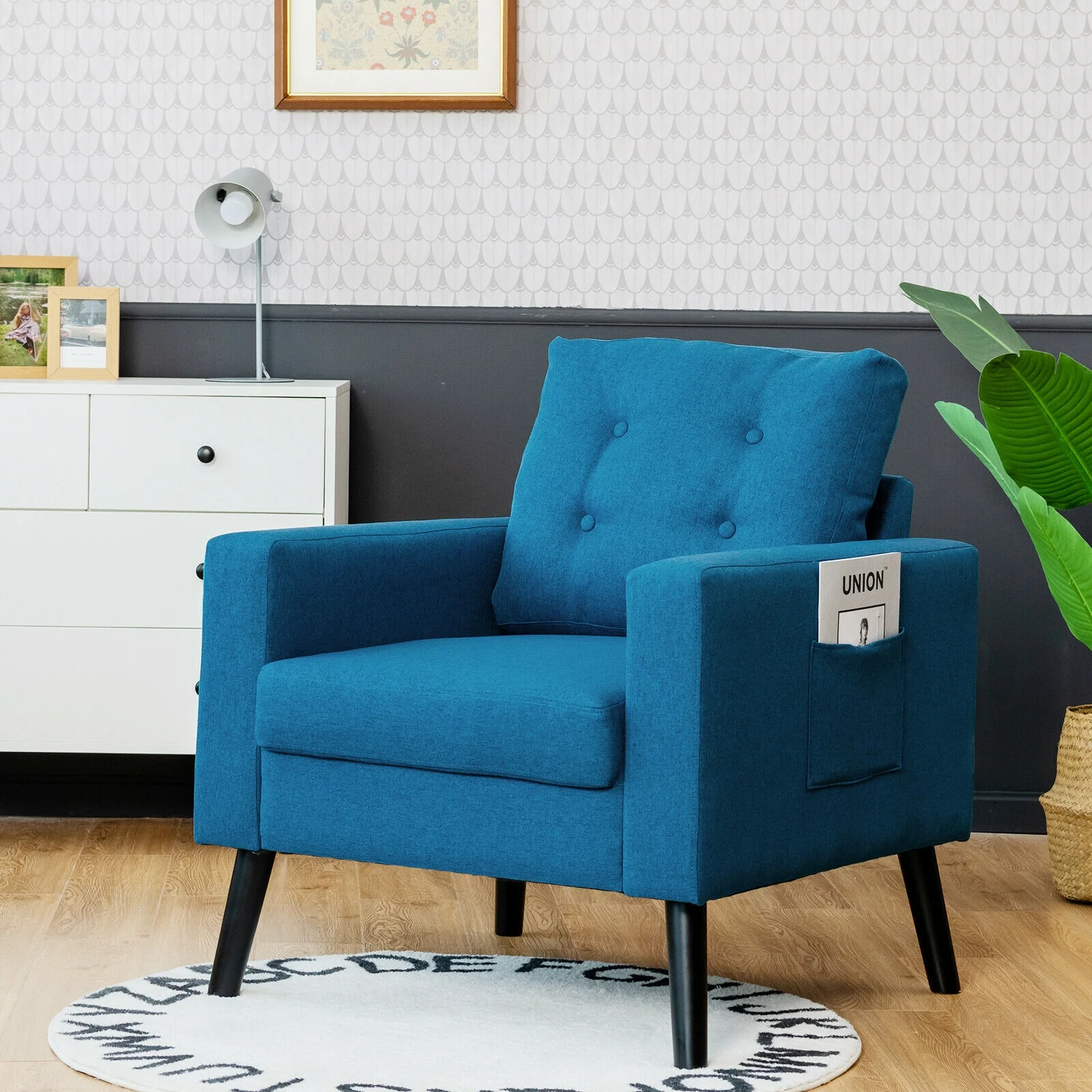 Mid-Century Upholstered Armchair Club Chair, Blue - Image 3