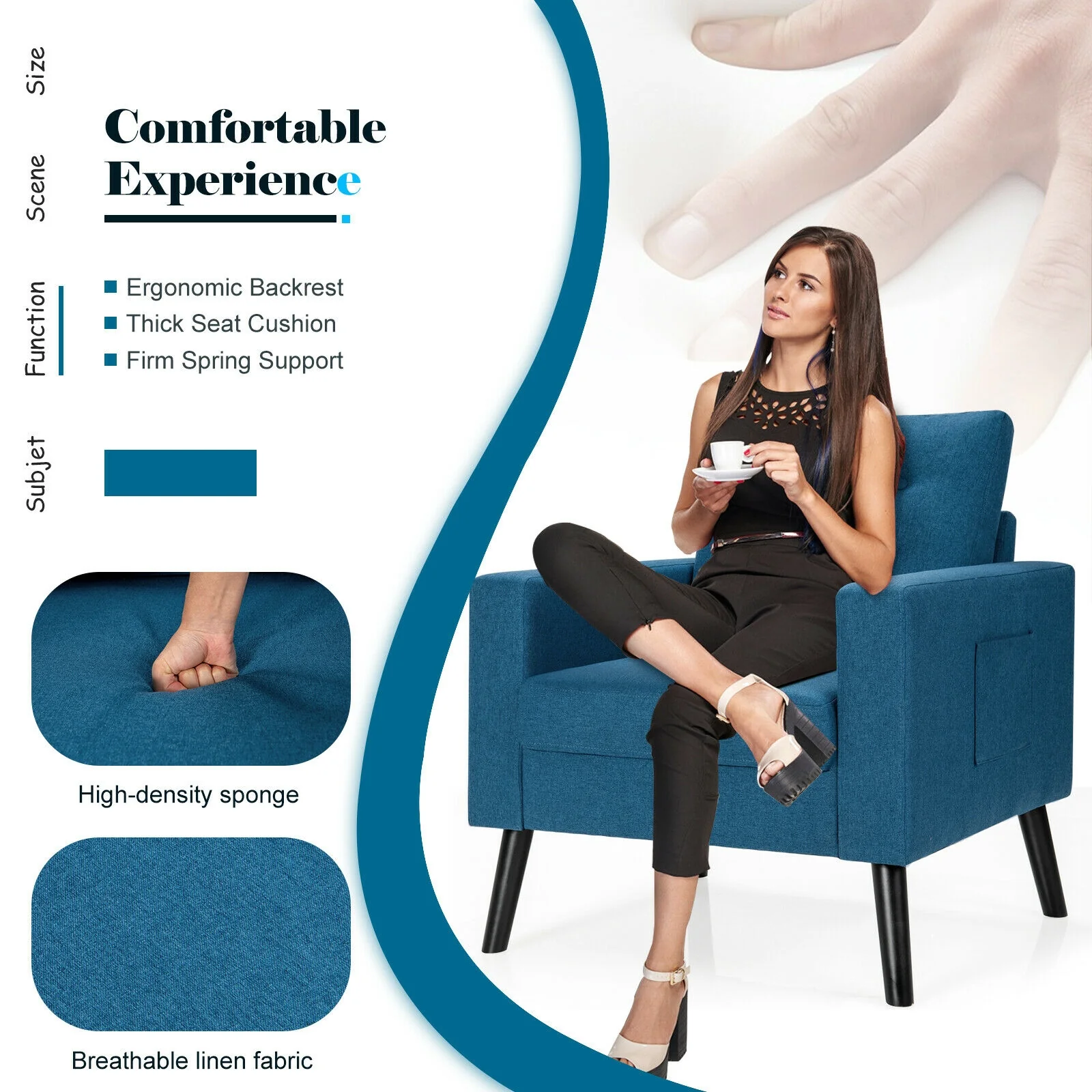 Mid-Century Upholstered Armchair Club Chair, Blue - Image 8