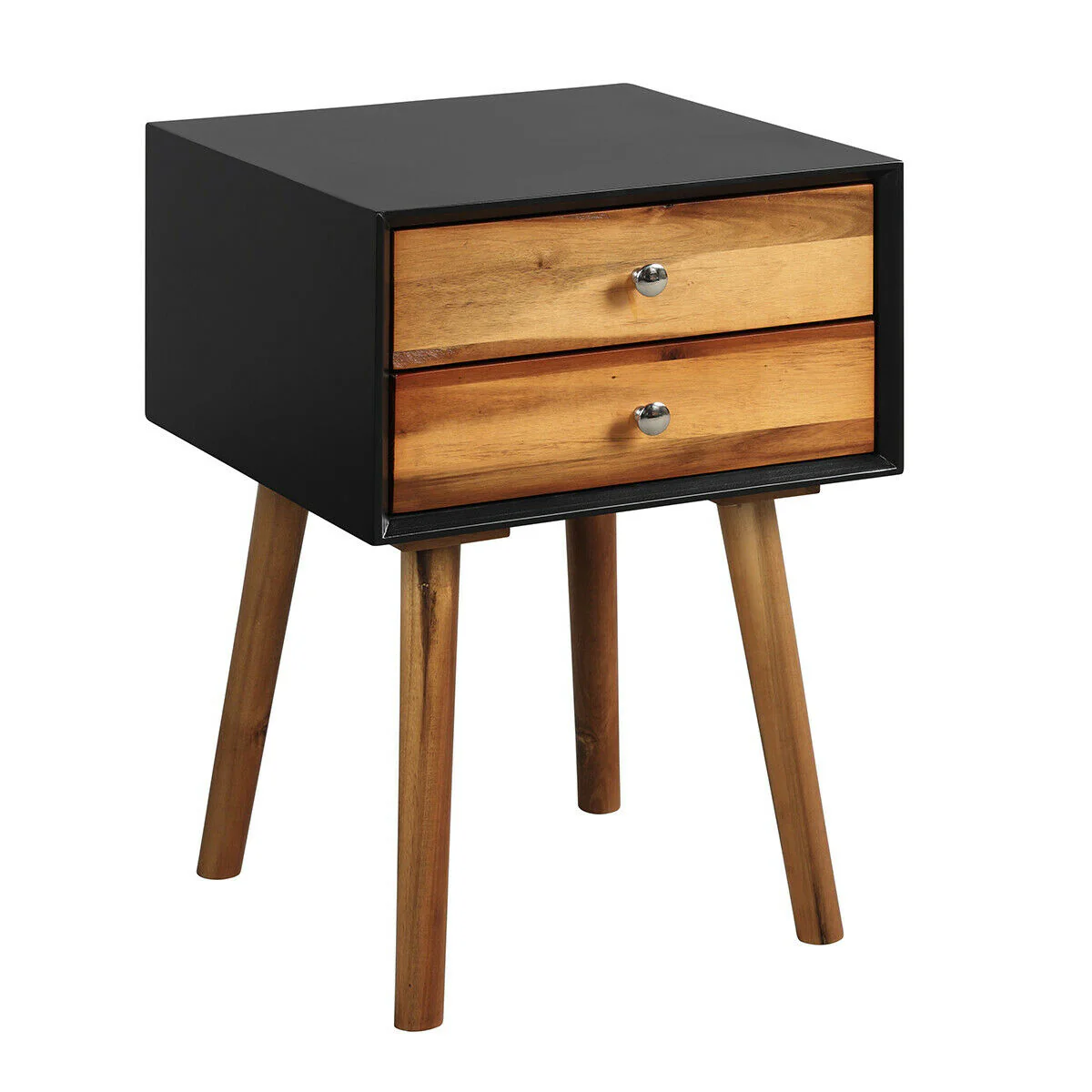 Mid-Century Wooden End Table, 2 Storage Drawers, Black