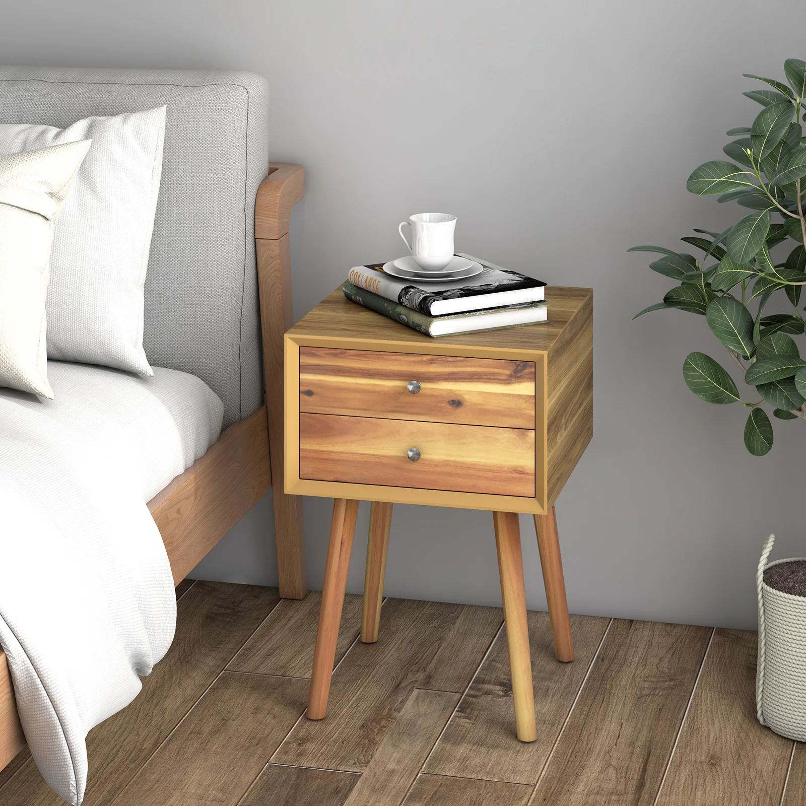 Mid-Century Wooden Nightstand, 2 Drawer Storage, Natural - Image 2