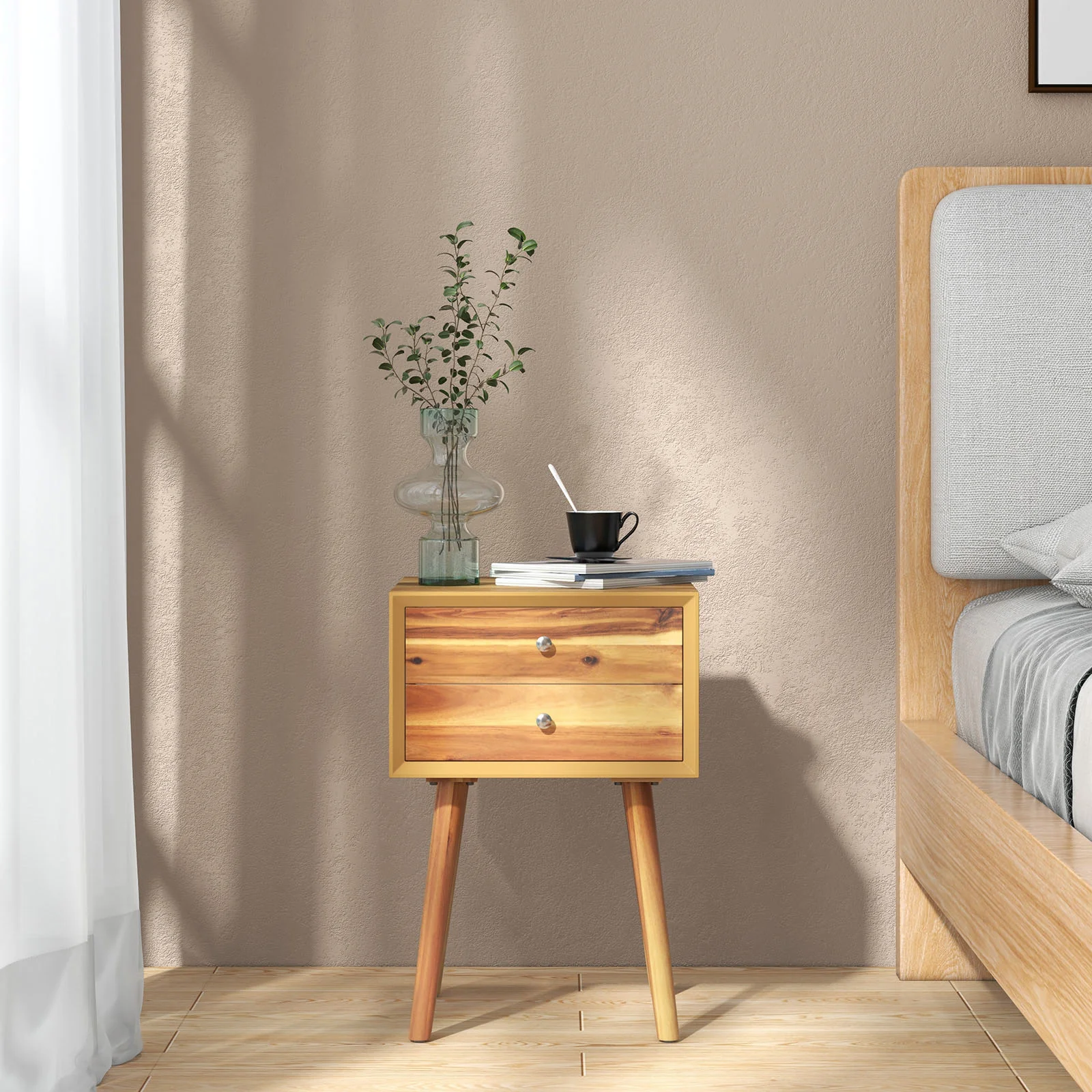 Mid-Century Wooden Nightstand, 2 Drawer Storage, Natural - Image 3