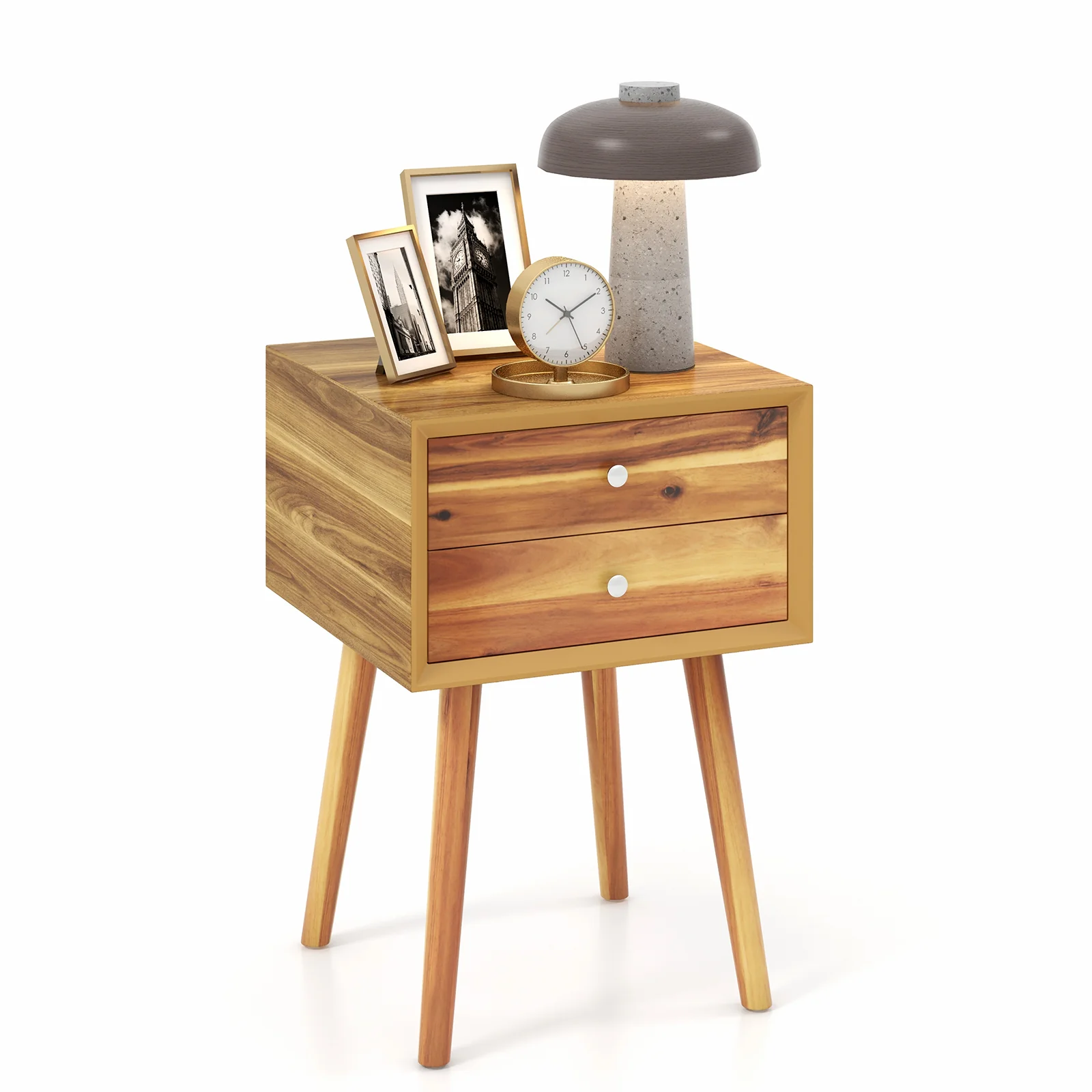 Mid-Century Wooden Nightstand, 2 Drawer Storage, Natural - Image 5