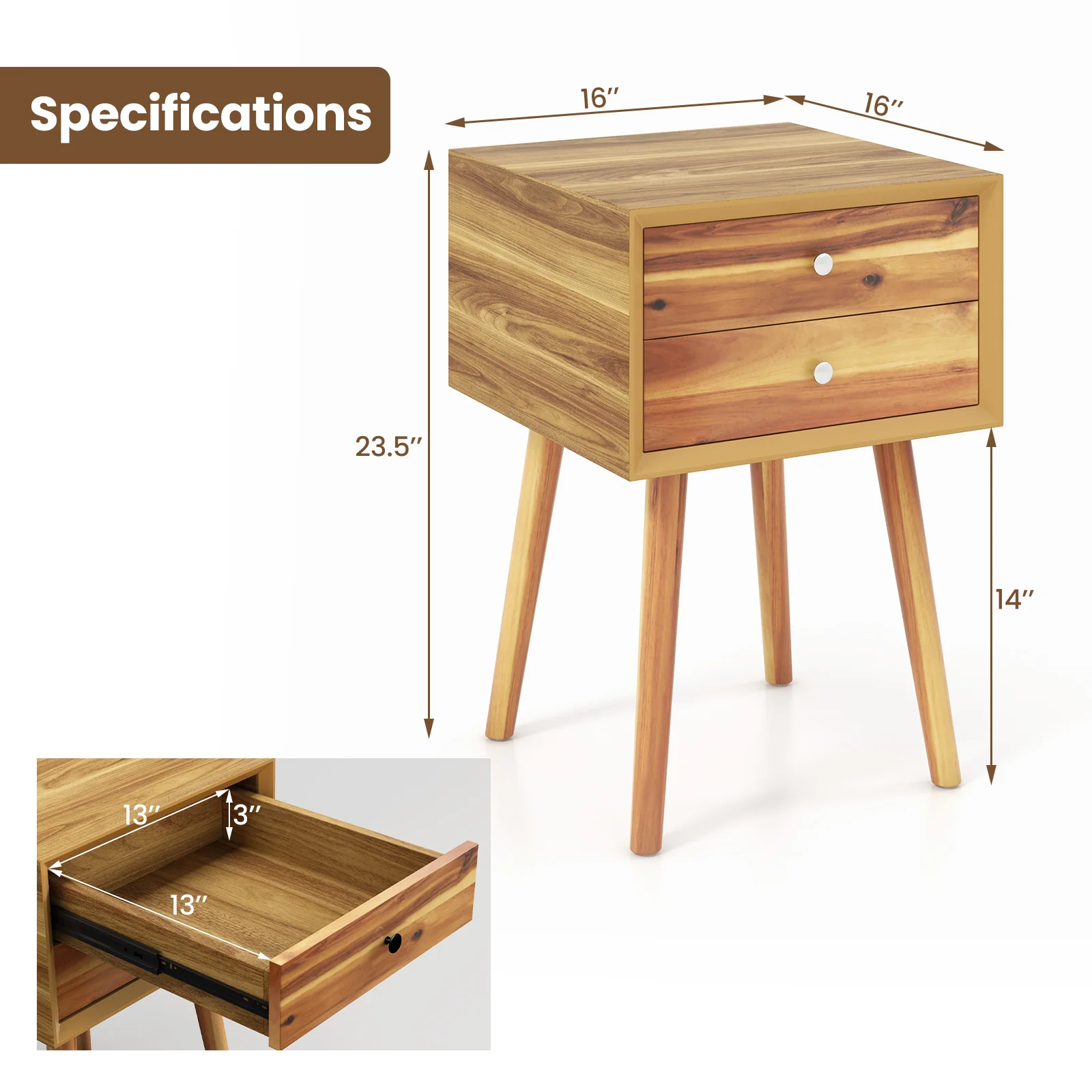 Mid-Century Wooden Nightstand, 2 Drawer Storage, Natural - Image 6