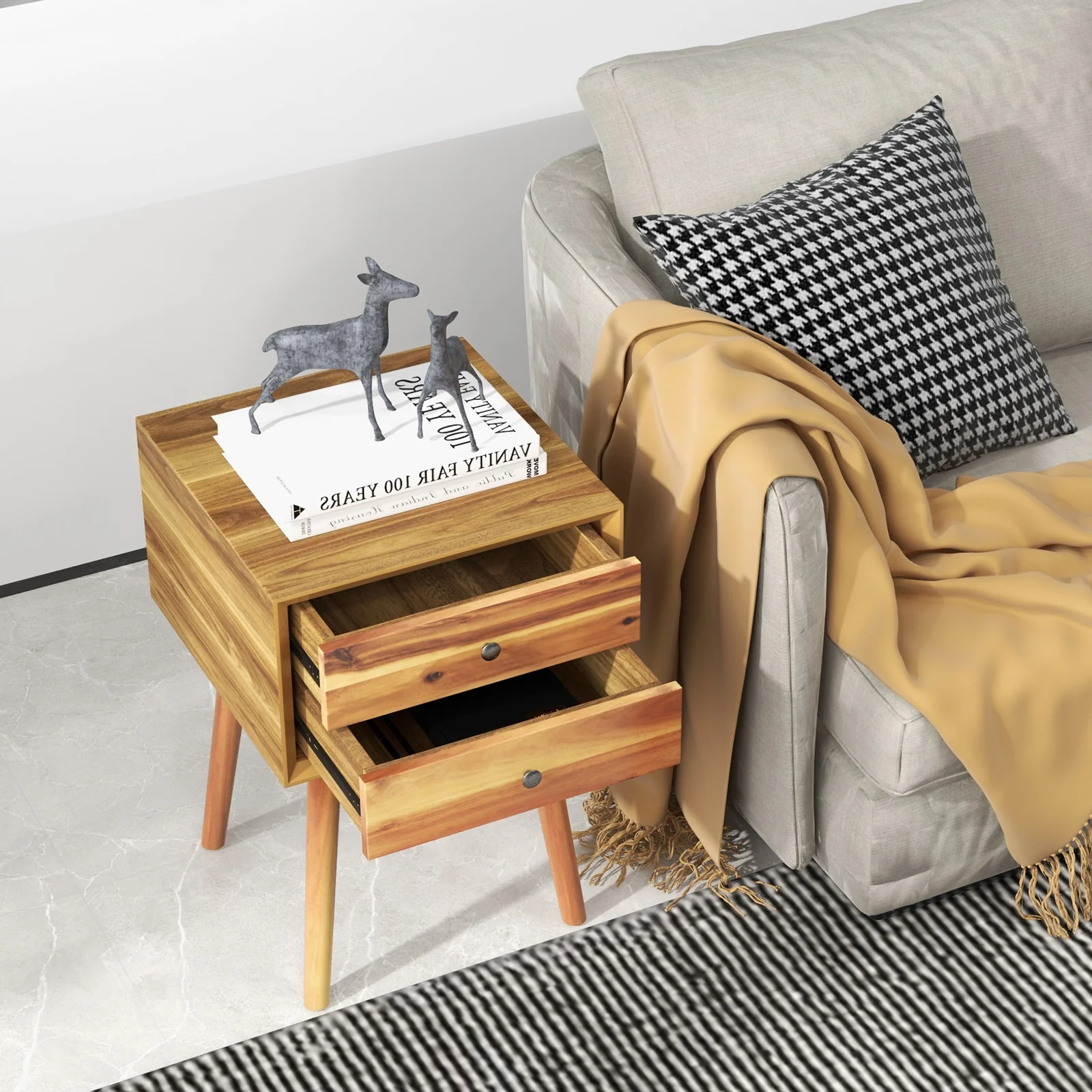 Mid-Century Wooden Nightstand, 2 Drawer Storage, Natural - Image 7