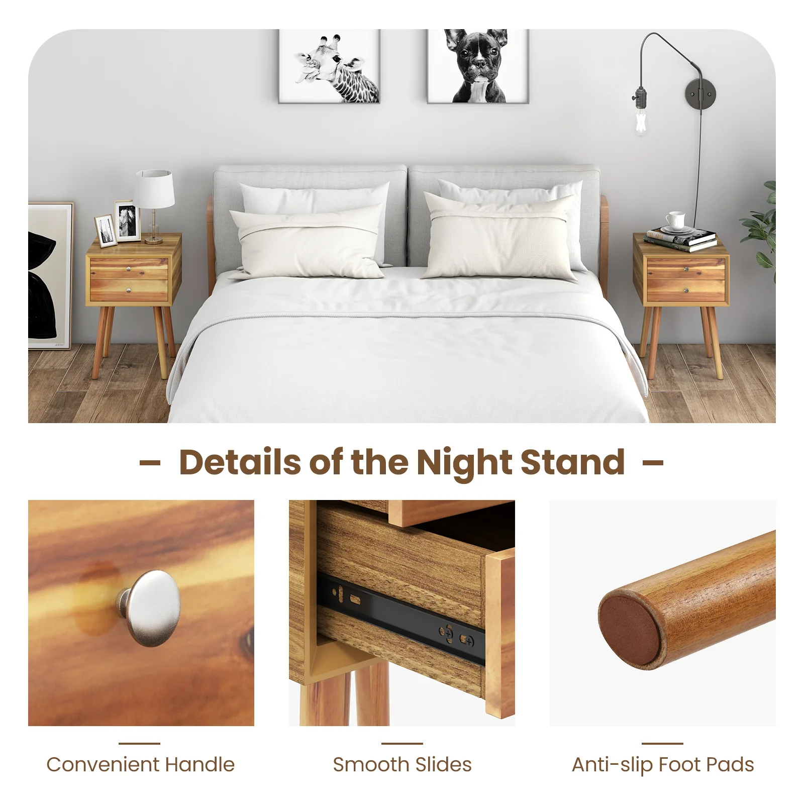 Mid-Century Wooden Nightstand, 2 Drawer Storage, Natural - Image 8