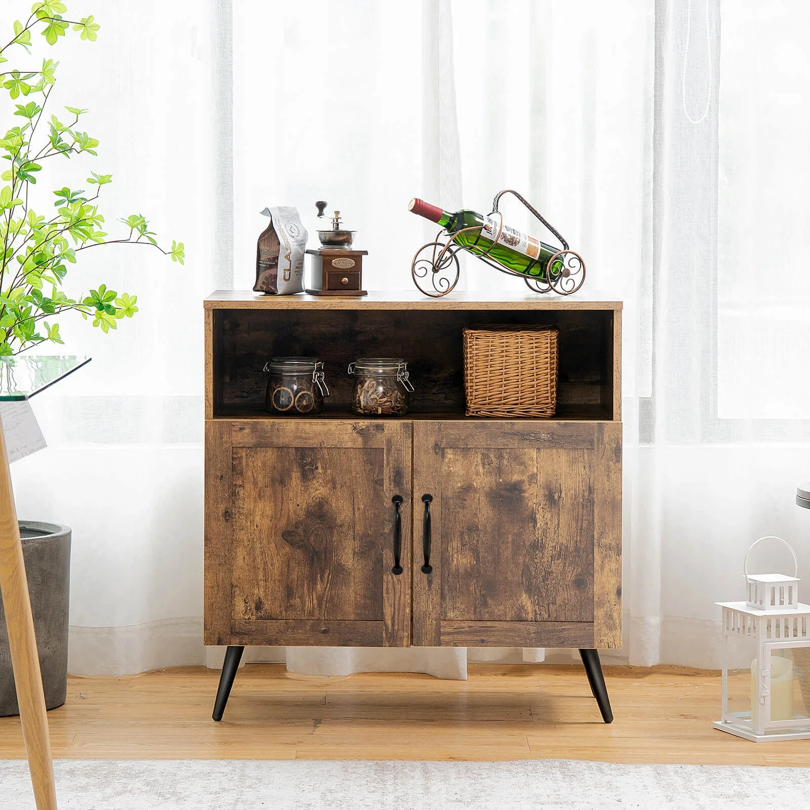 Mid-Century Wooden Storage Cabinet, Wine Glass Holders, Rustic Brown - Image 2