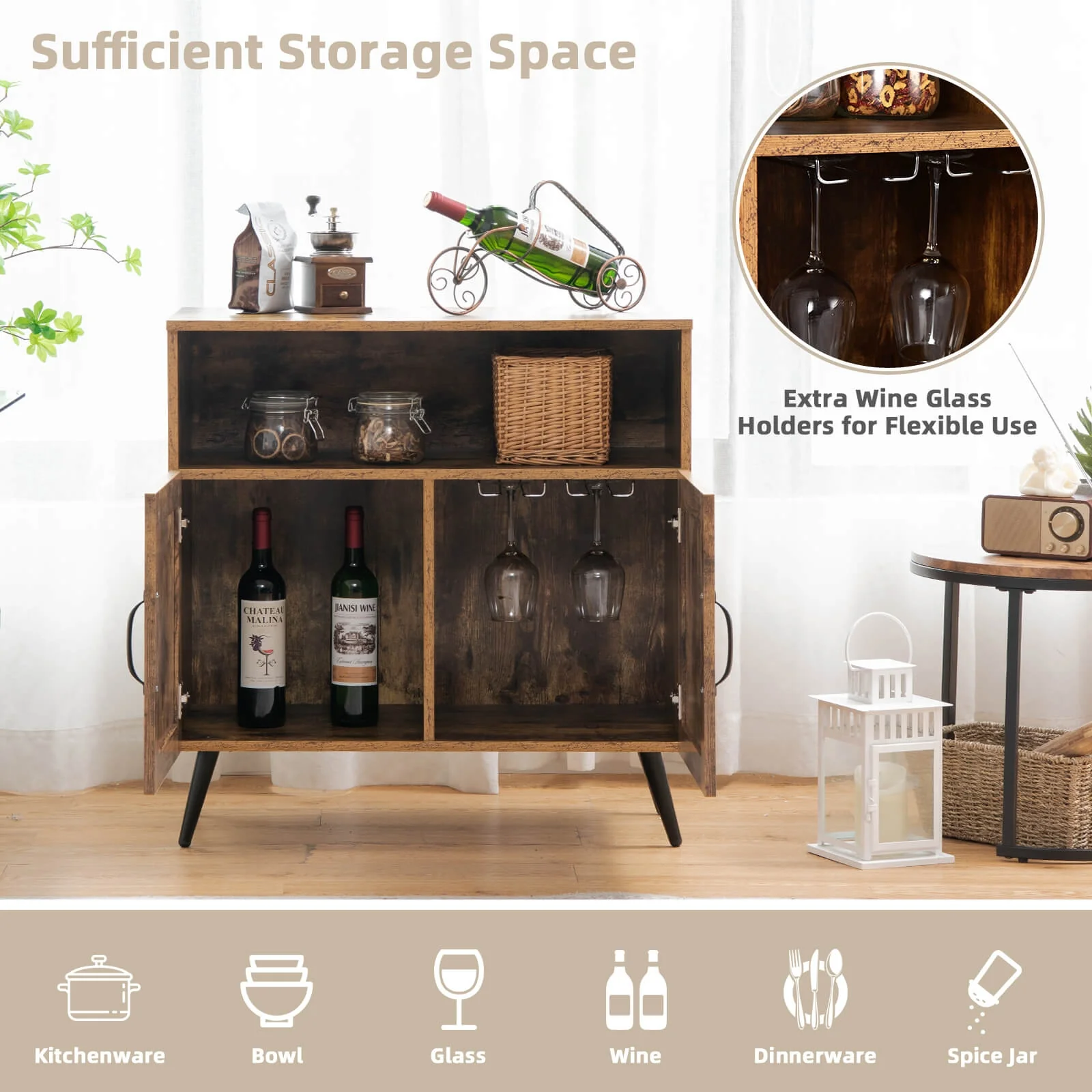 Mid-Century Wooden Storage Cabinet, Wine Glass Holders, Rustic Brown - Image 3