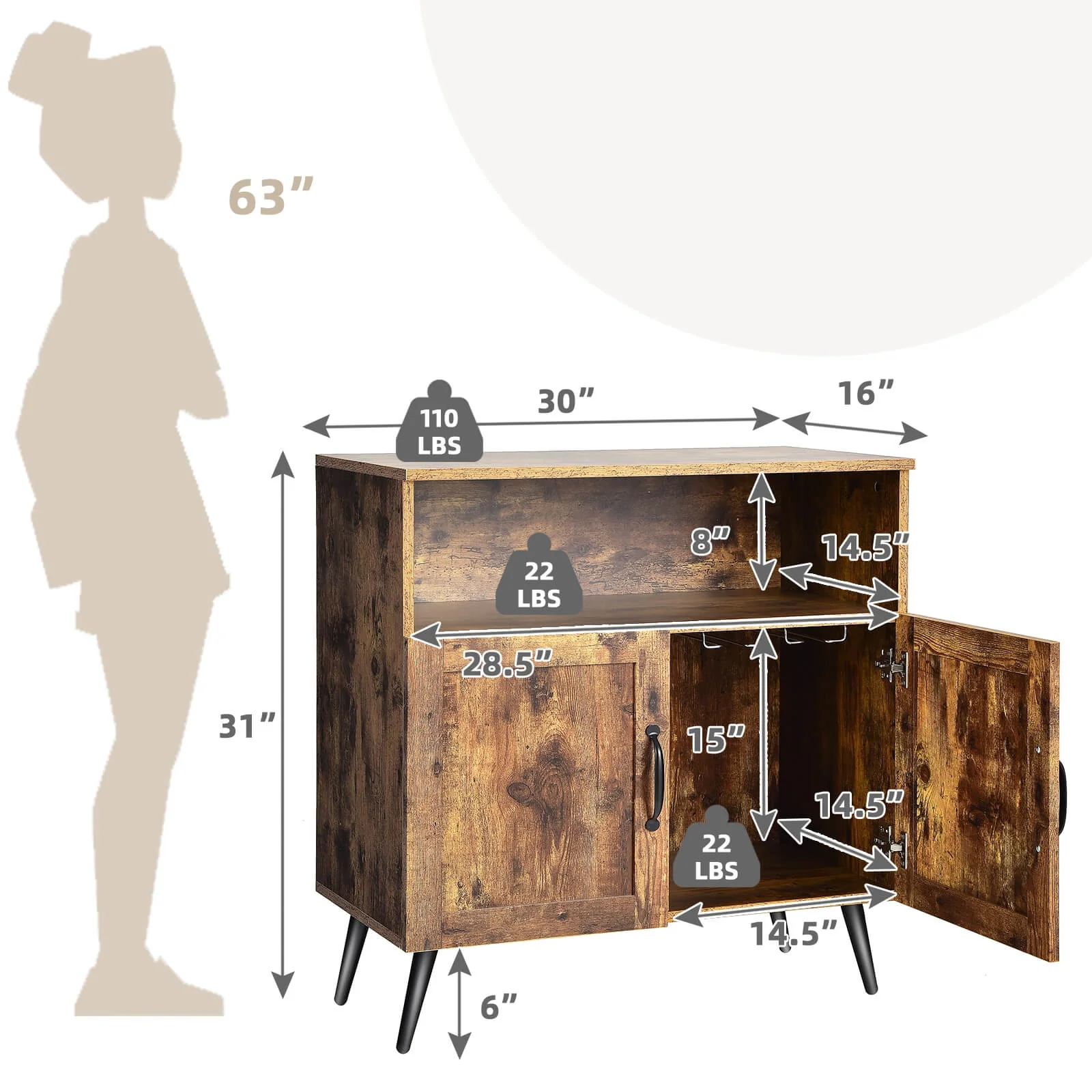Mid-Century Wooden Storage Cabinet, Wine Glass Holders, Rustic Brown - Image 5