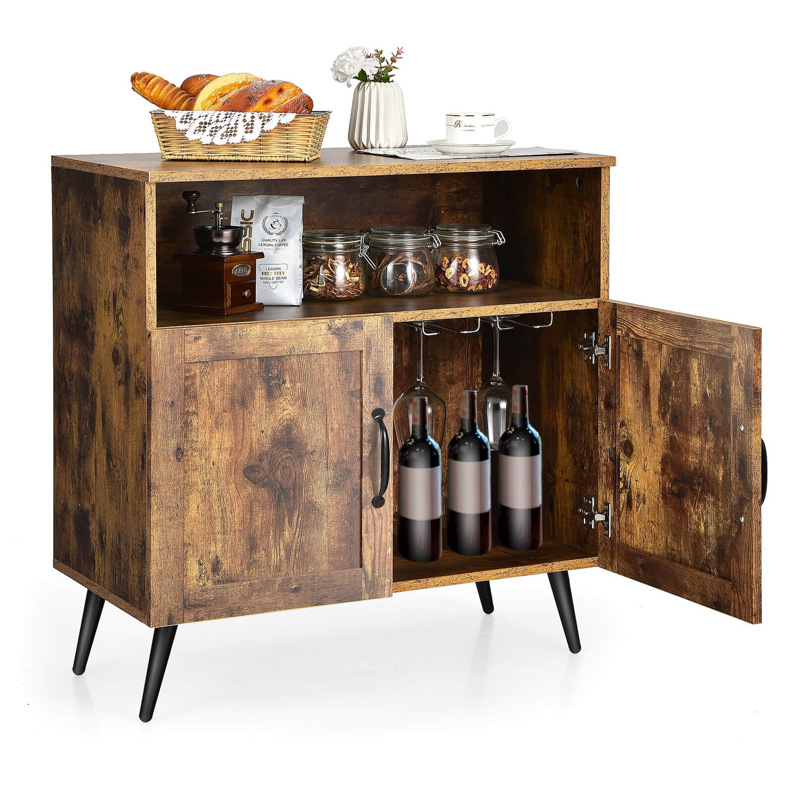Mid-Century Wooden Storage Cabinet, Wine Glass Holders, Rustic Brown - Image 8
