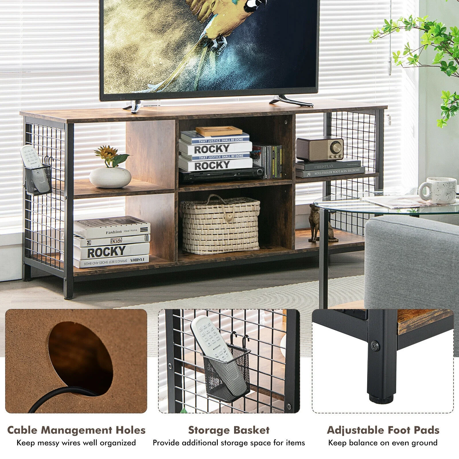 Mid-Century Wooden TV Stand With Storage Basket, 65 Inch, Rustic Brown - Image 10