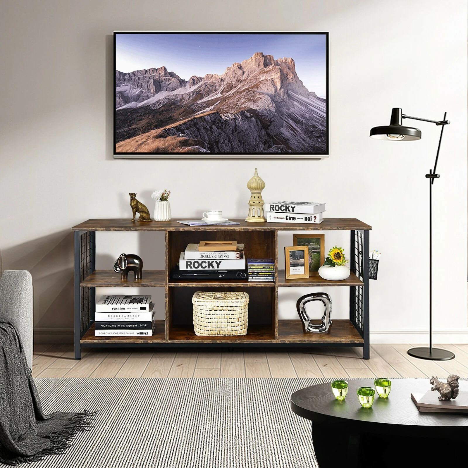 Mid-Century Wooden TV Stand With Storage Basket, 65 Inch, Rustic Brown - Image 2